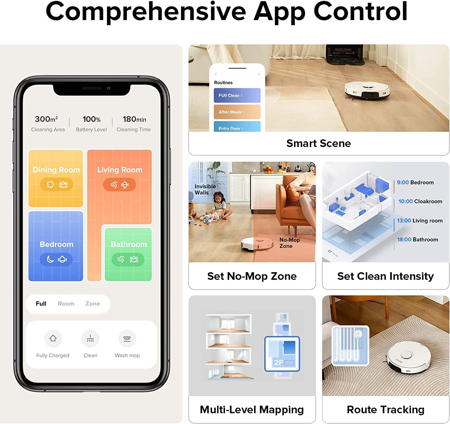 Interfaccia di controllo dell'app per un robot aspirapolvere che mostra mappatura, modalità di pulizia e impostazioni.