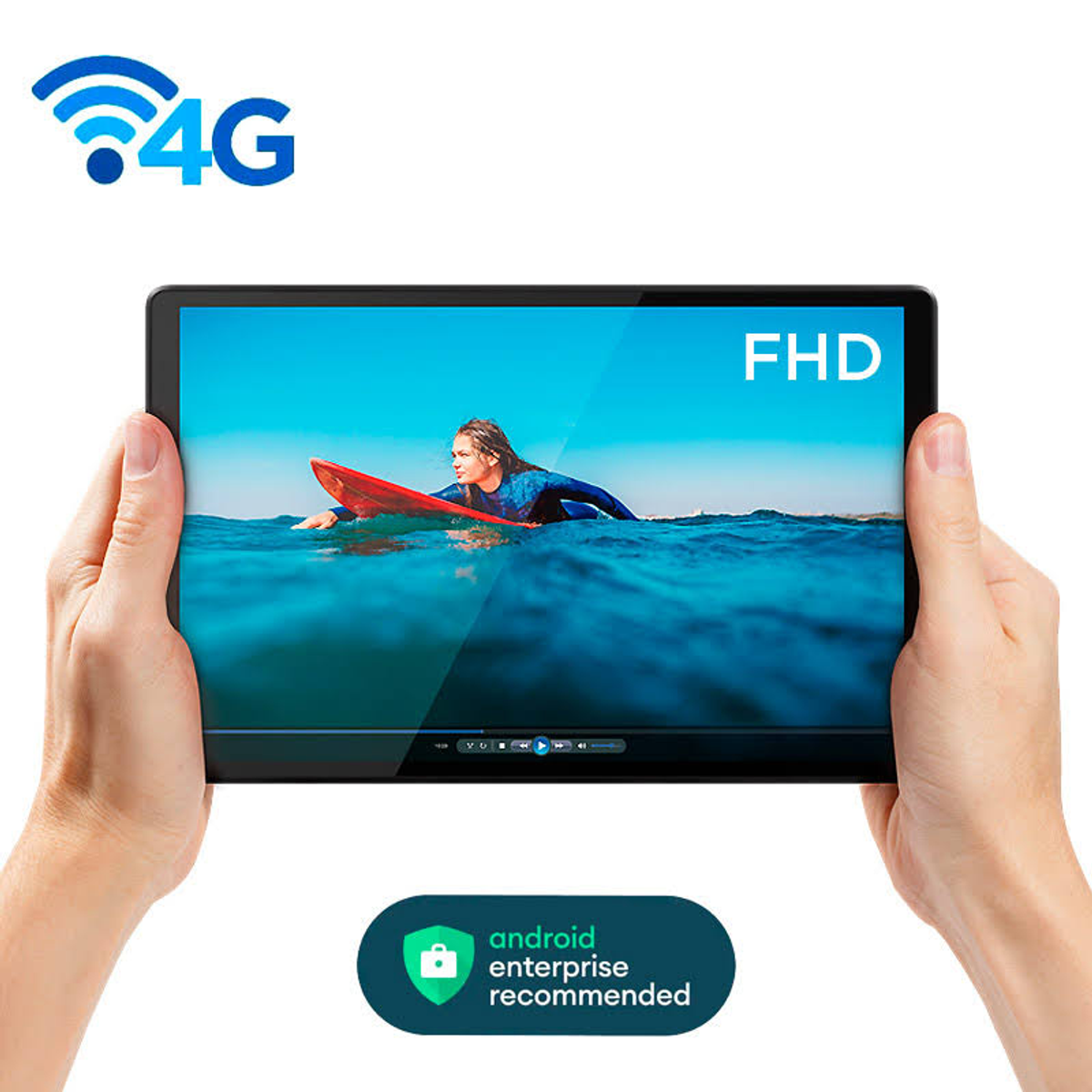 Tablet wyświetlający wideo osoby surfującej, z ikonami 4G i FHD.