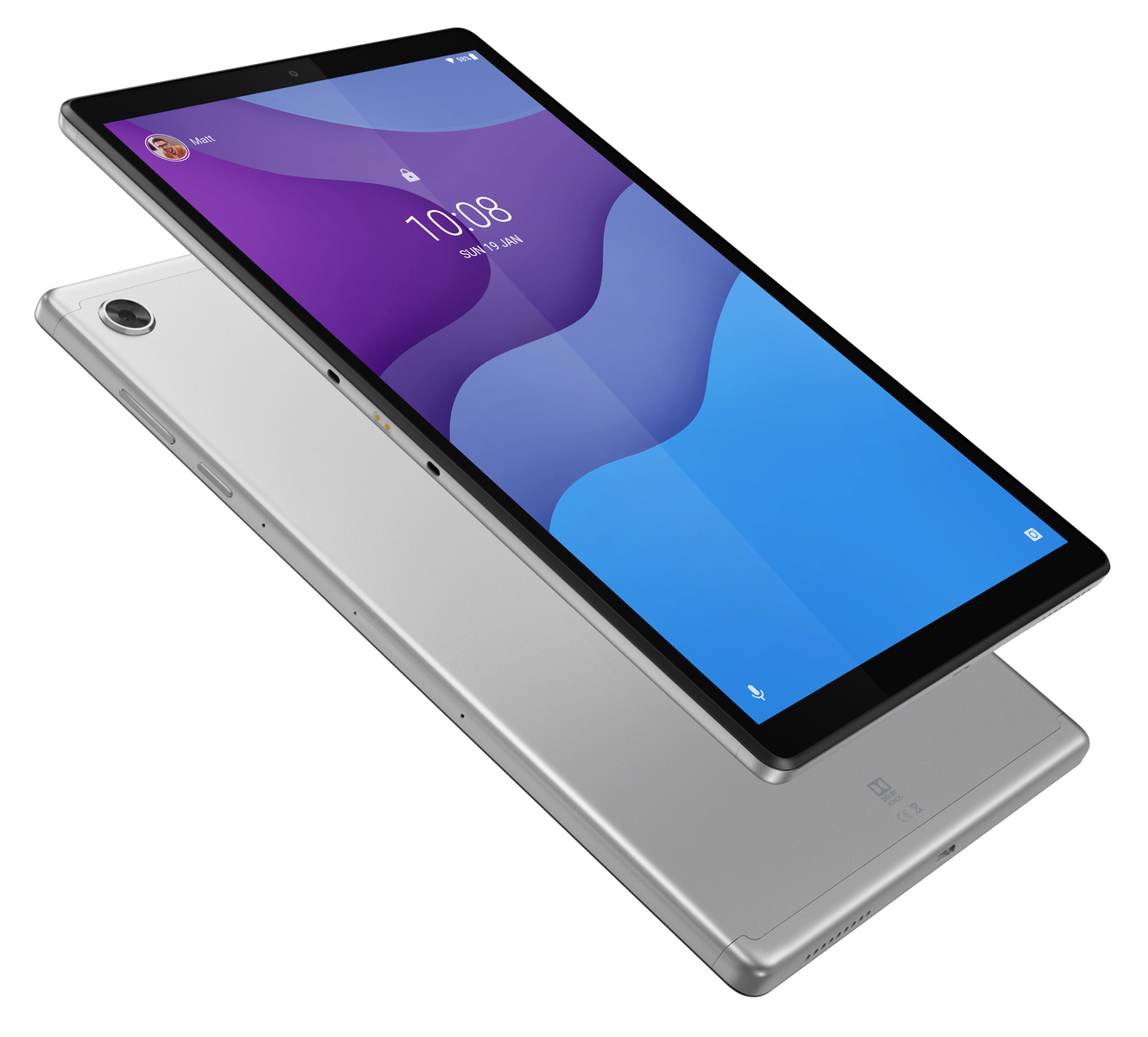 Zwei Tablets, eins oben auf dem anderen. Das obere Tablet zeigt einen Startbildschirm mit Apps und der Uhrzeit.