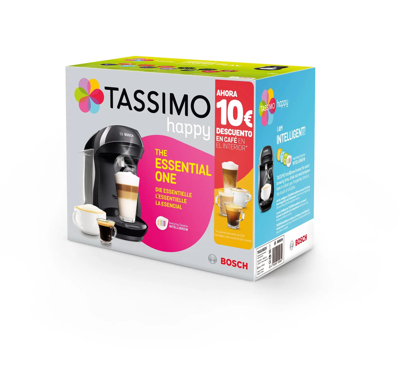 Una caja de máquina de café Tassimo con máquina negra, bebidas de café y texto.