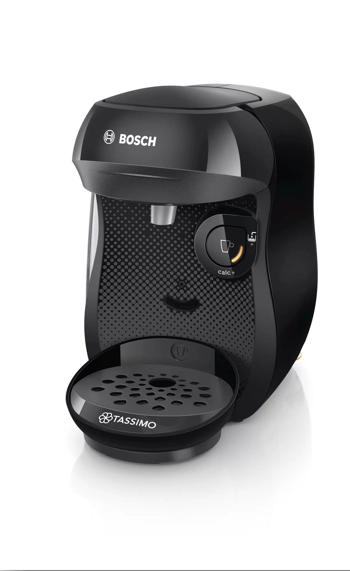 Una cafetera Tassimo Bosch negra, ligeramente inclinada a la derecha, sobre superficie blanca.