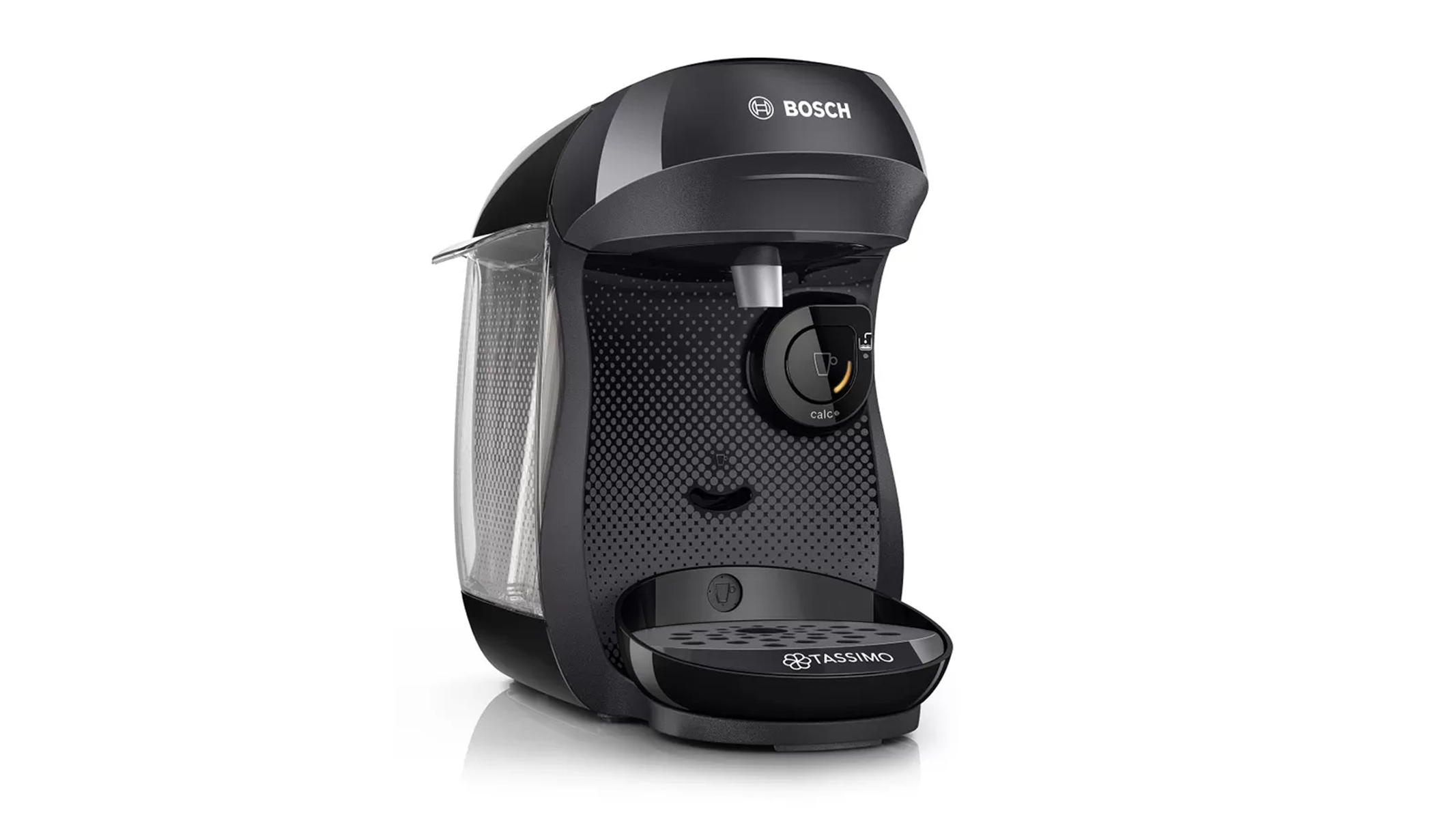 Cafetera Tassimo negra con depósito de agua y botón de encendido.