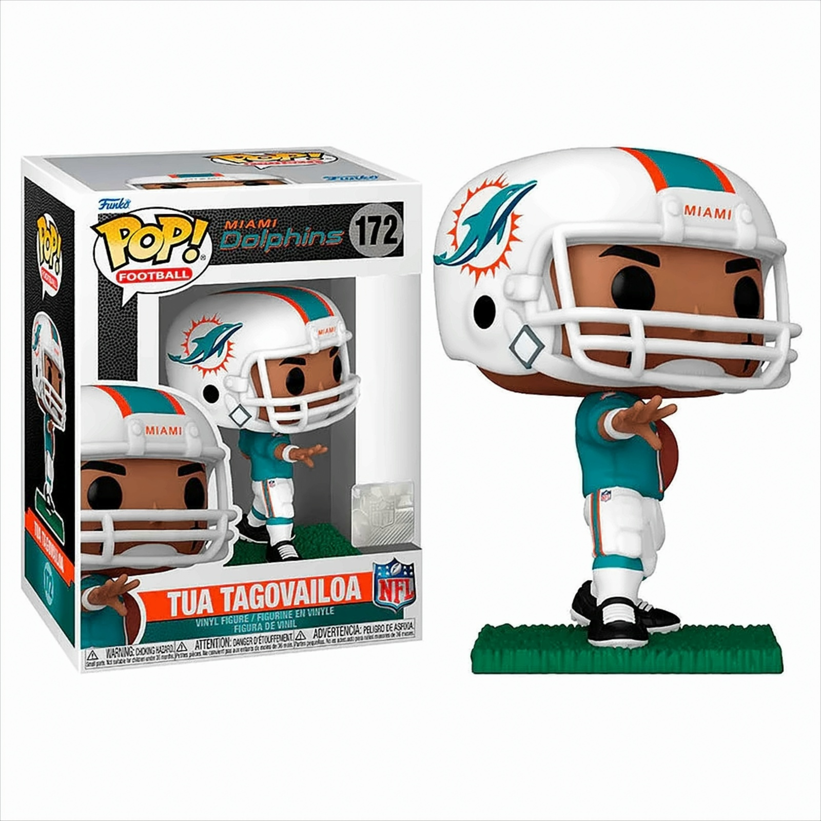 Funko Pop Figur eines Miami Dolphins Spielers mit Helm und Football.