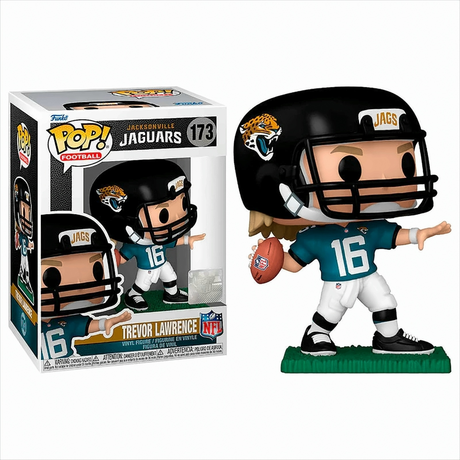 Funko Pop! Figur eines Footballspielers, mit der Box im Hintergrund.