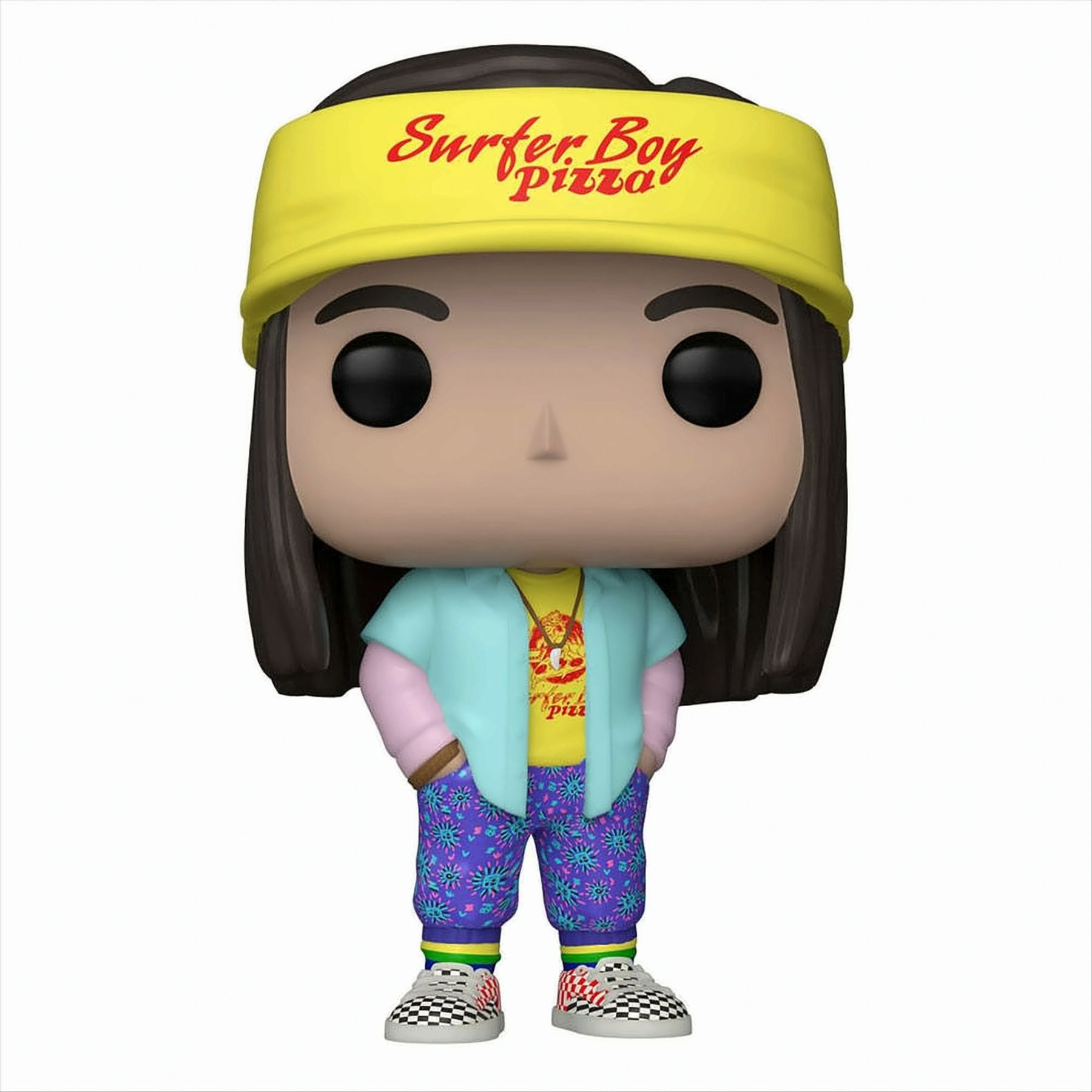 Figura Funko Pop di un personaggio con fascia gialla e maglietta pizza.