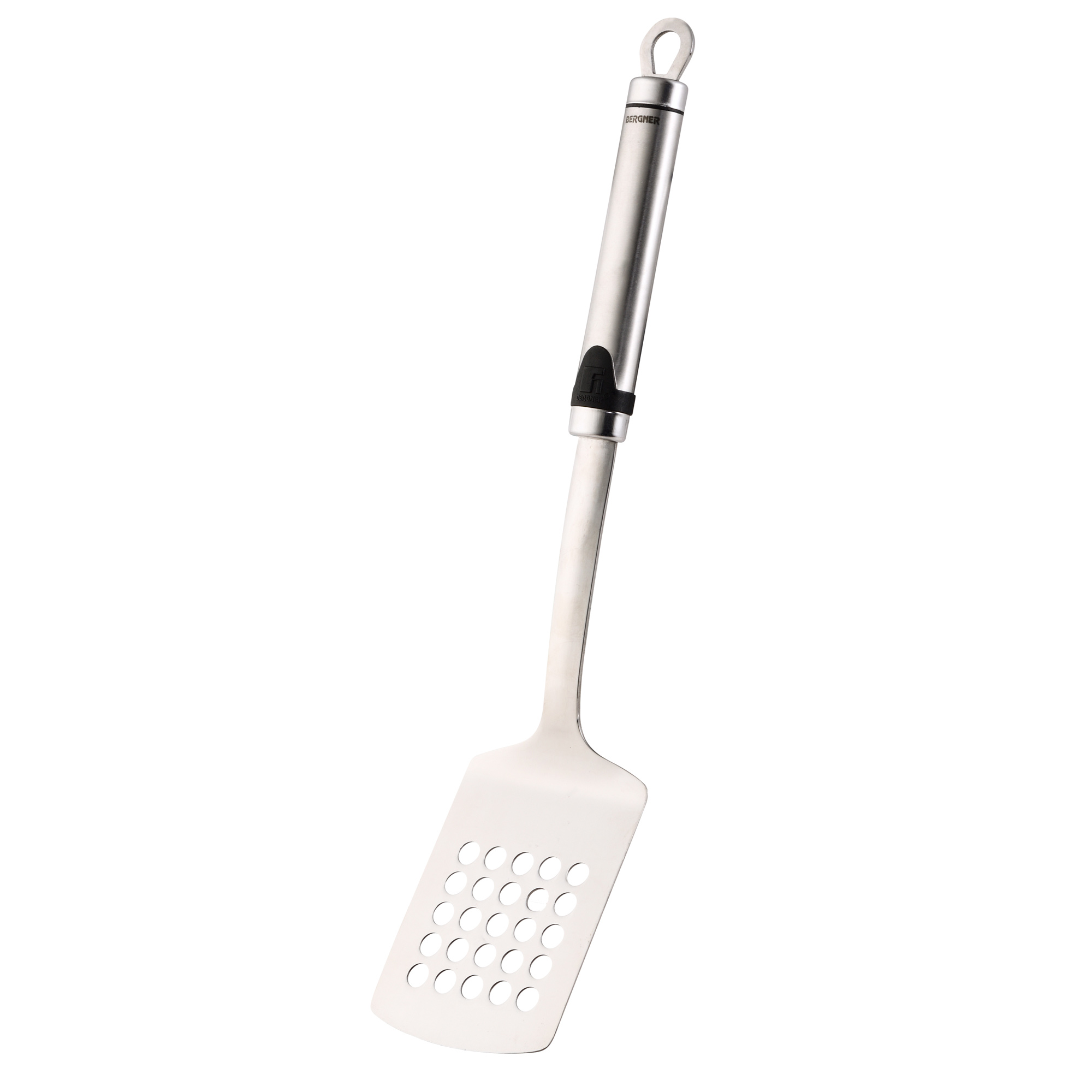 Espátula de metal con mango de madera. La espátula tiene una cabeza ranurada con múltiples agujeros redondos.