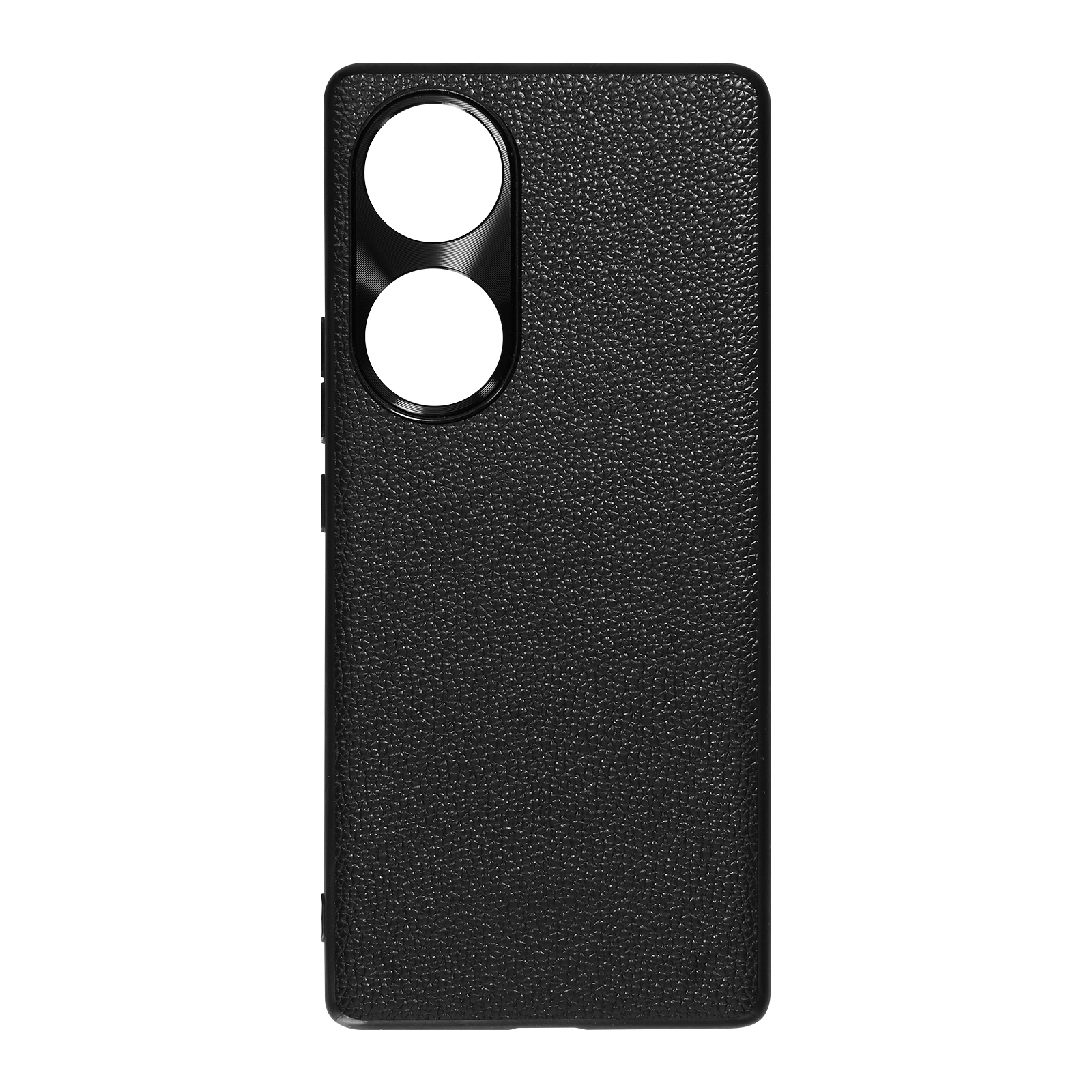 Una custodia per telefono nera con due cerchi per fotocamera sul retro e una superficie strutturata.
