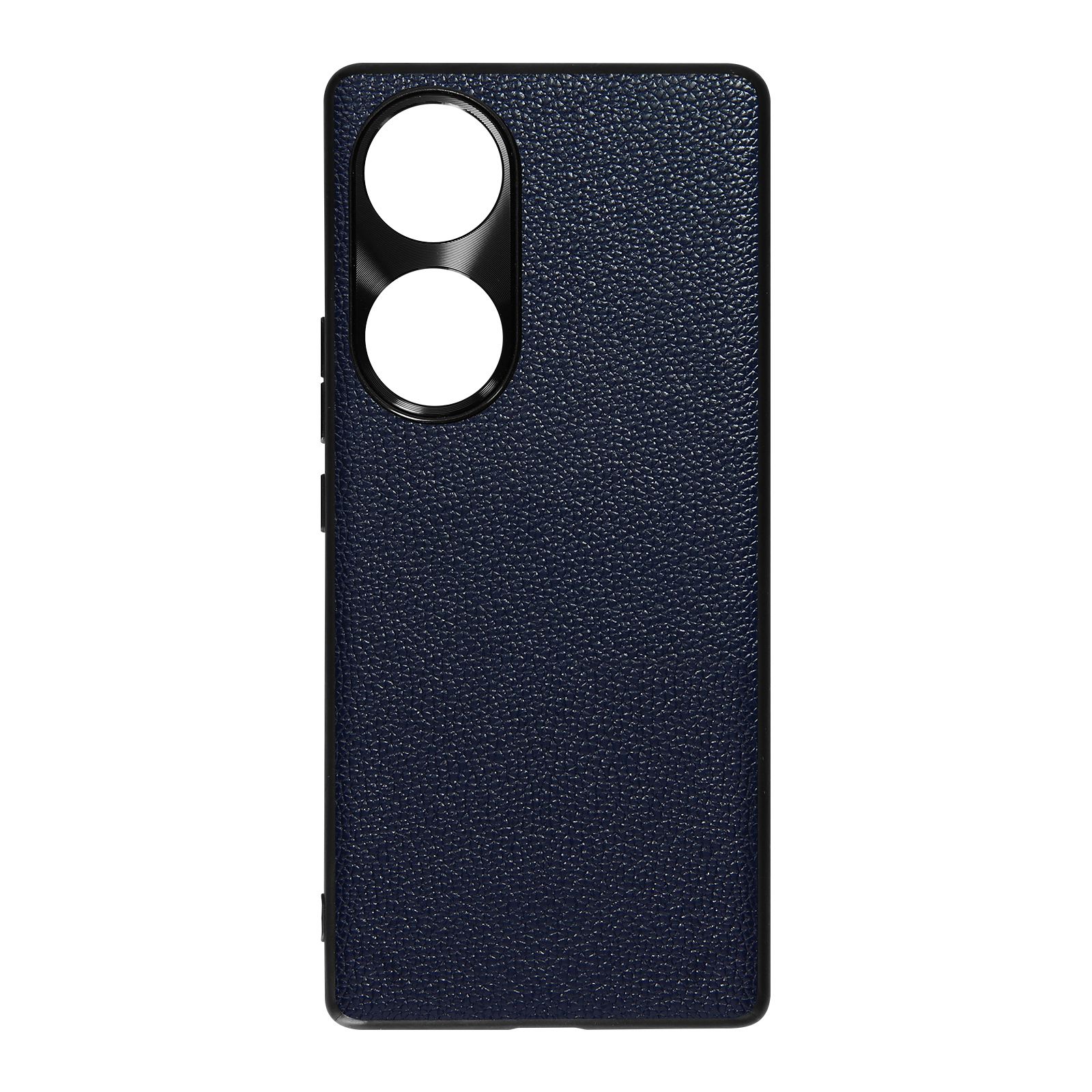 Custodia per telefono blu scuro con due ritagli per fotocamera e superficie strutturata.