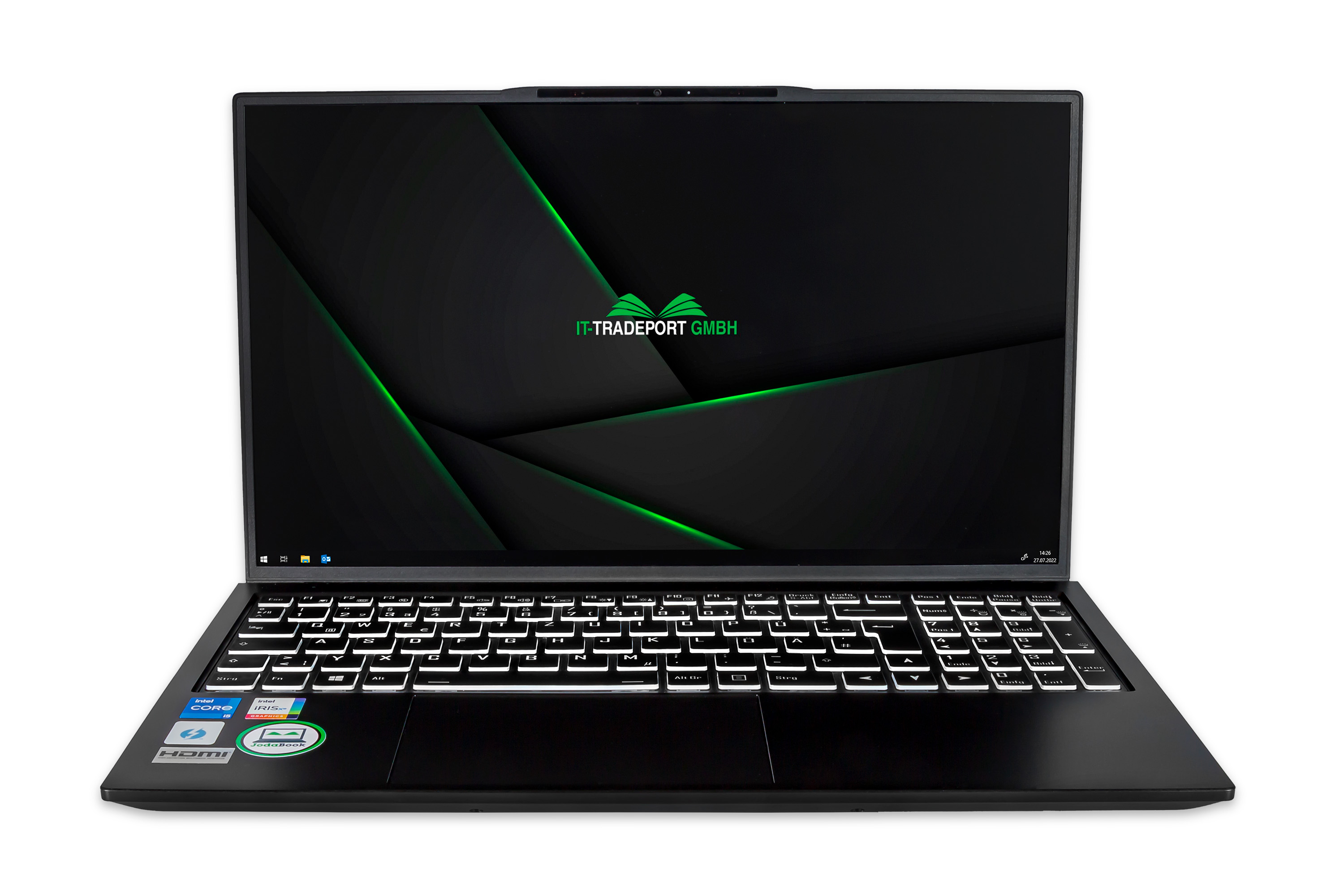 Schwarzer Laptop mit grünen Akzenten auf dem Bildschirm. Der Bildschirm zeigt einen schwarzen Hintergrund und grüne Linien.