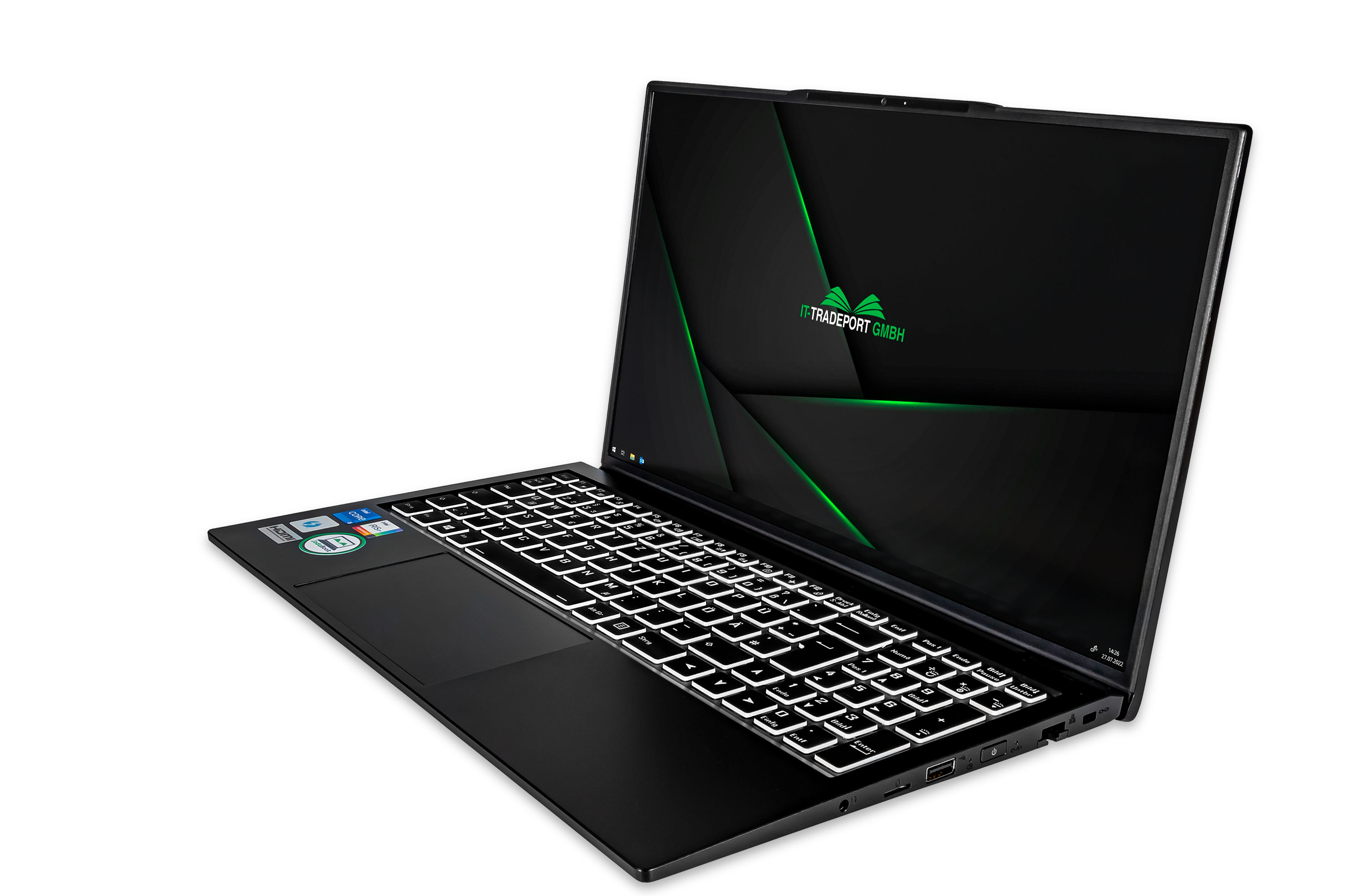 Schwarzer Laptop mit leuchtender Tastatur und grüner Grafik auf dem Bildschirm. Weißer Hintergrund.