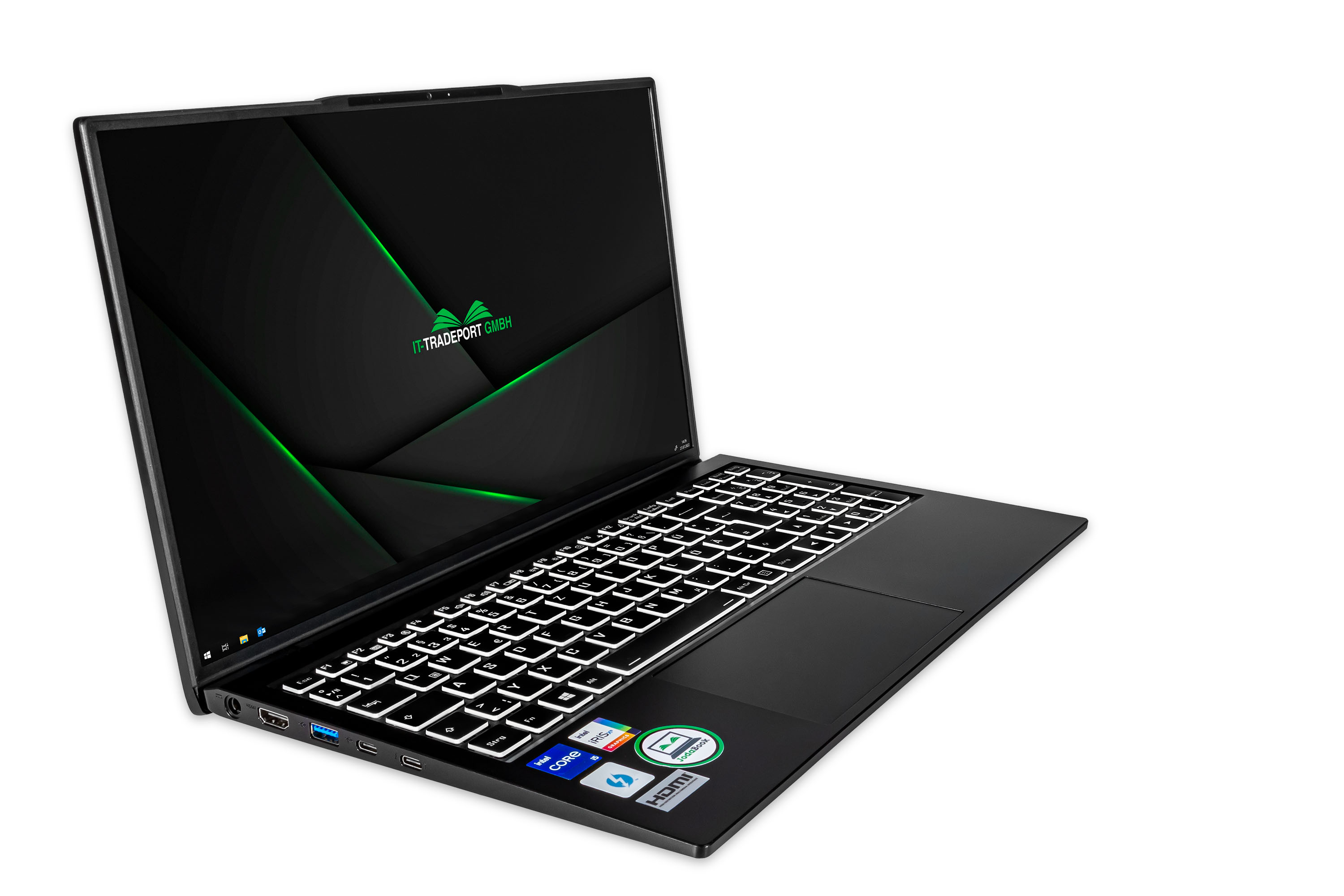 Schwarzer Laptop, Bildschirm zeigt ein grünes und schwarzes Design. Weißer Hintergrund.
