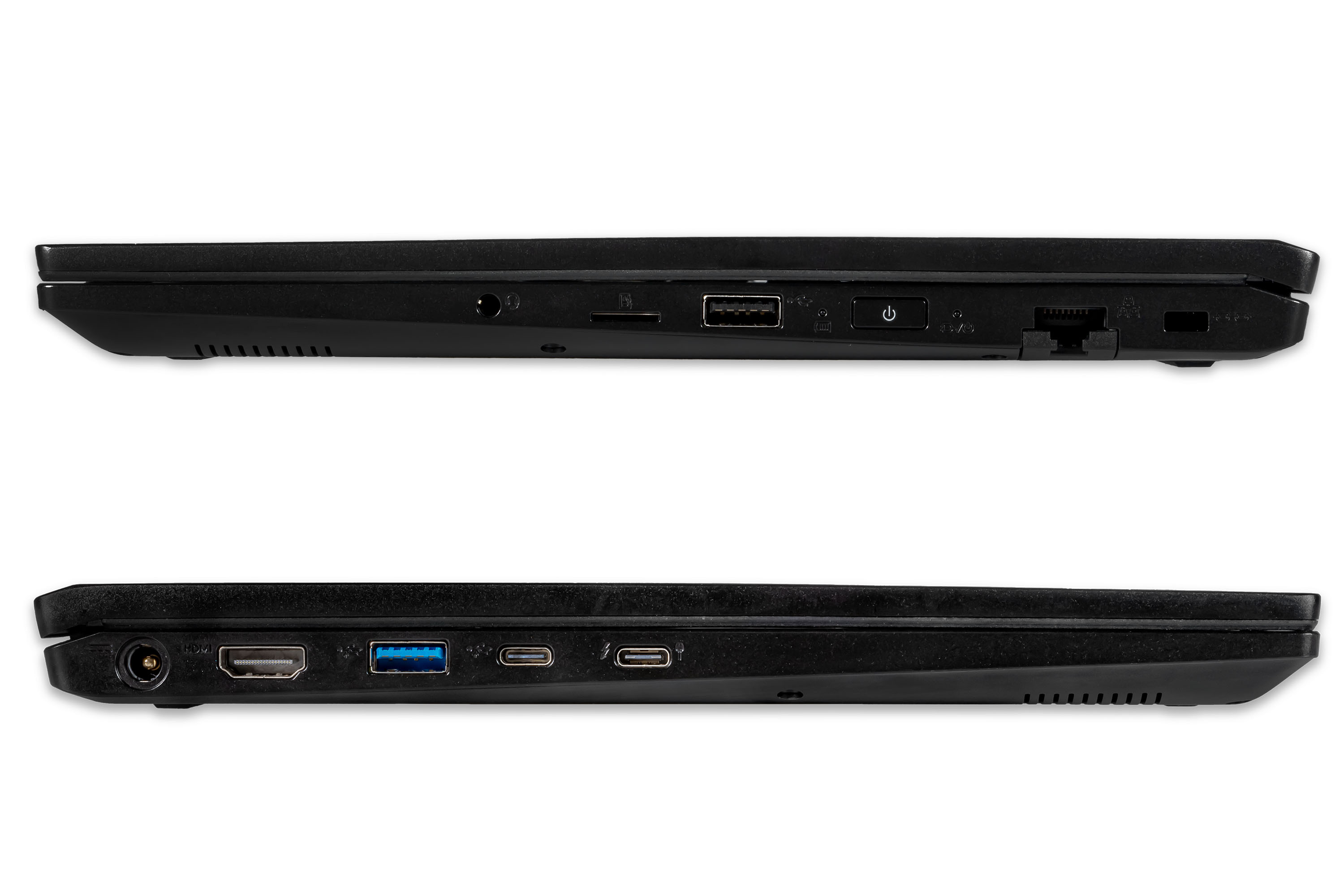 Zwei schwarze Laptops, Seitenansicht. Anschlüsse sichtbar.