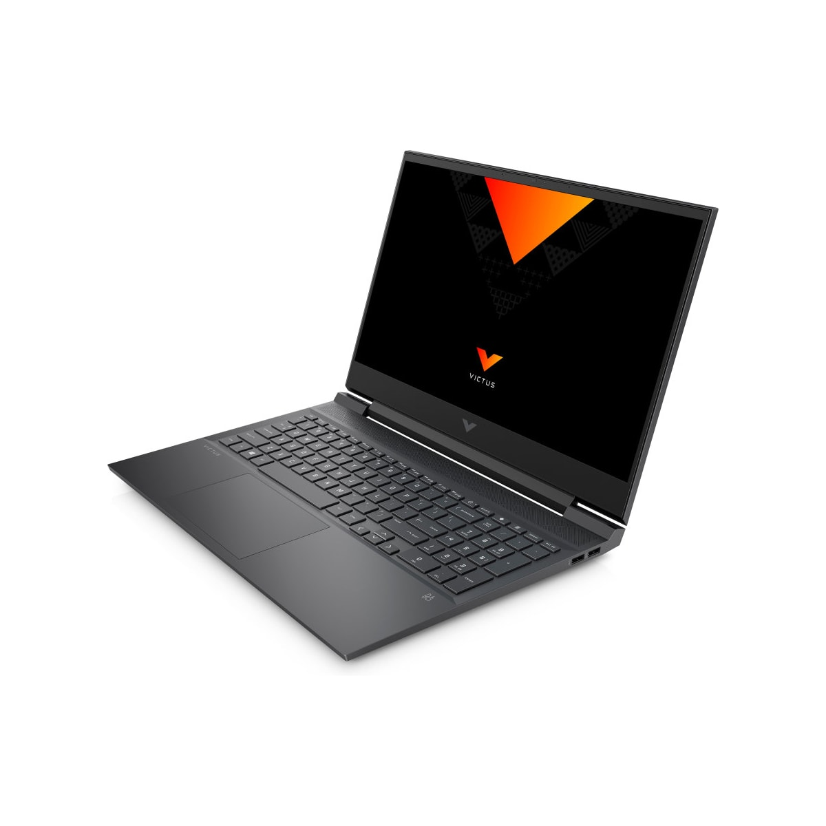 Ordenador portátil negro con pantalla encendida que muestra un logotipo naranja sobre fondo blanco.