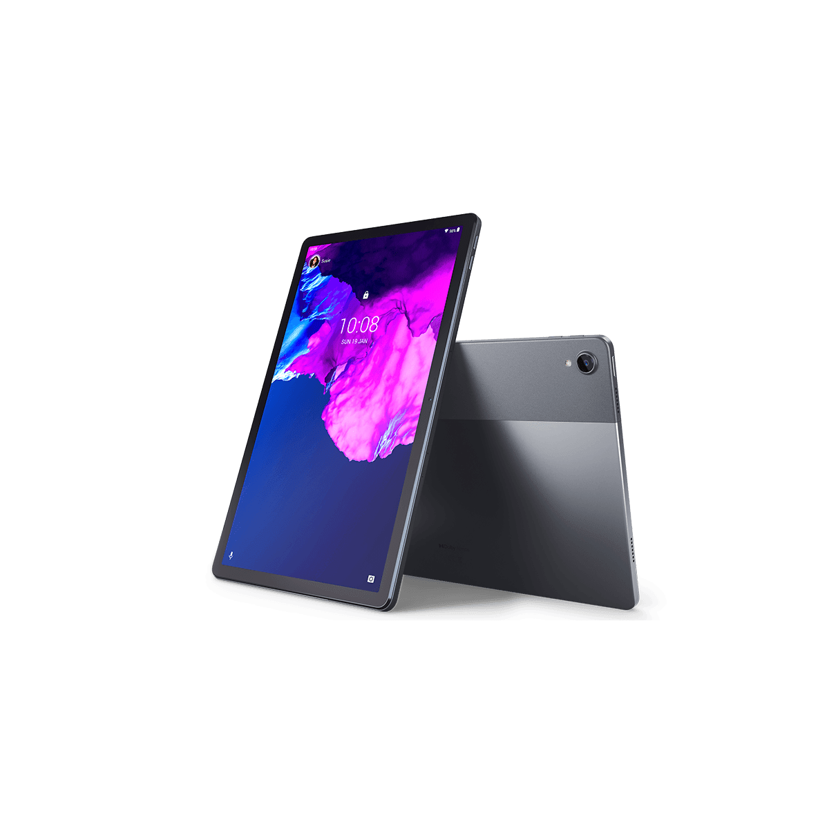 Ein Tablet, das sich an ein anderes lehnt, beide mit Bildschirmen und weißem Hintergrund.