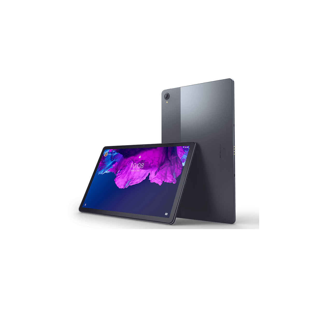 Zwei graue Tablets, eines steht und eines liegt. Der Bildschirm des liegenden zeigt ein lila Bild.