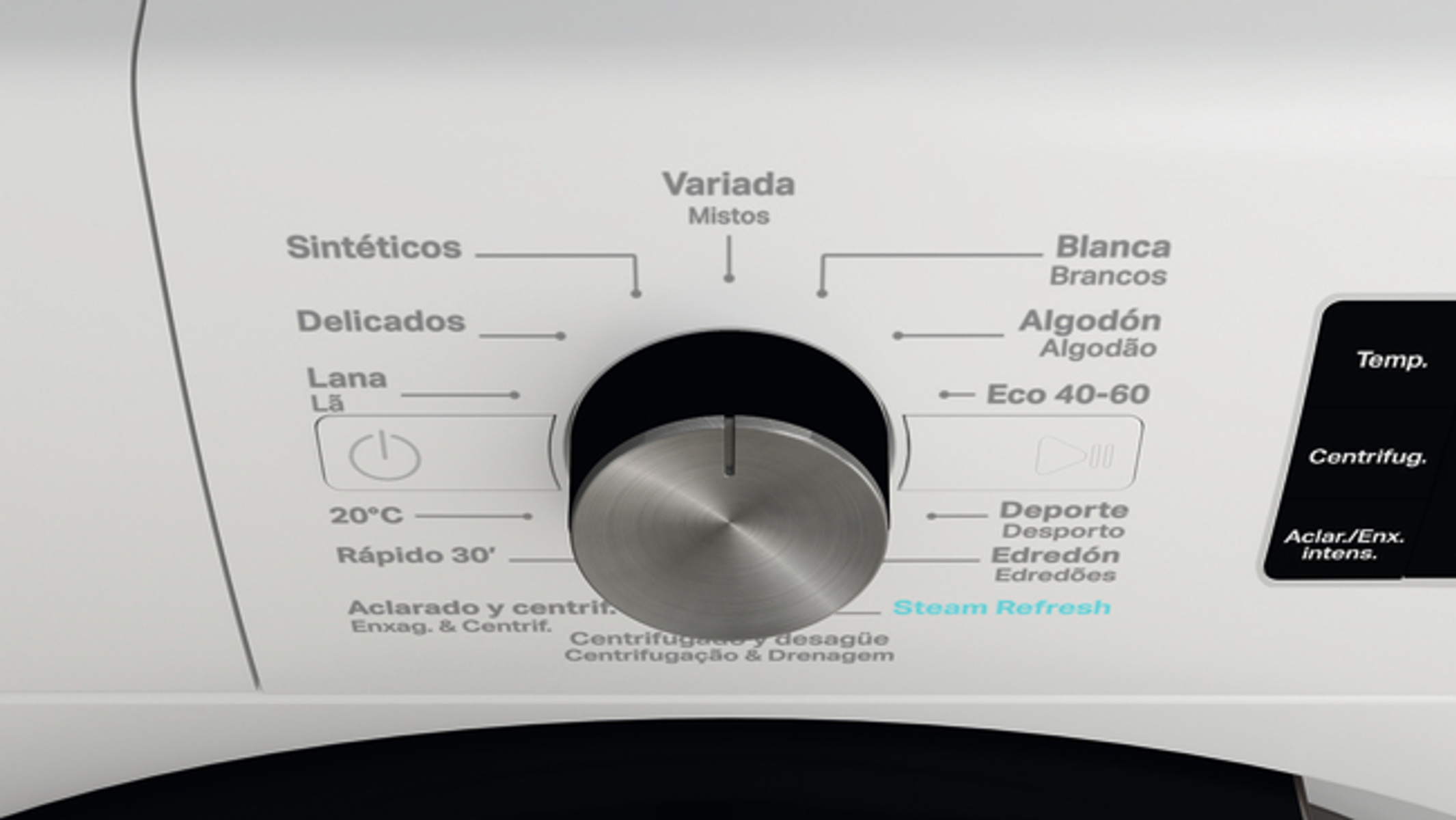 Detalle del panel de control de la lavadora con dial y varias opciones de programa.