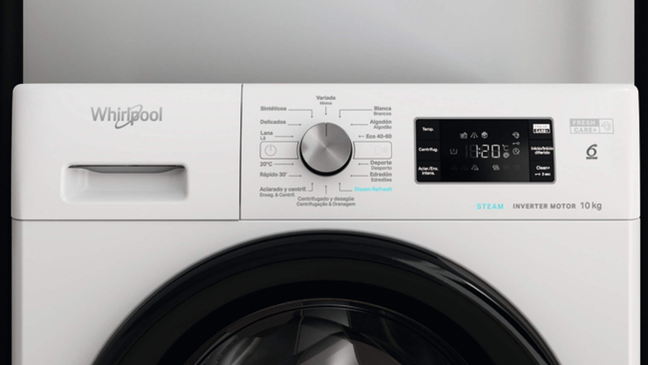 Panel de control de lavadora Whirlpool, con dial central y pantalla digital. Muestra ajustes y tiempo.