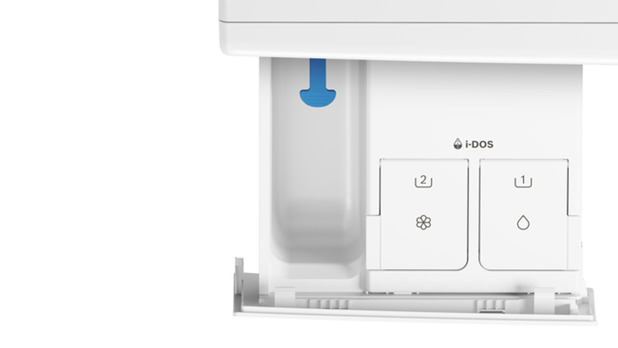 Primer plano de un cajón de detergente blanco para lavadora con compartimentos etiquetados 1 y 2.