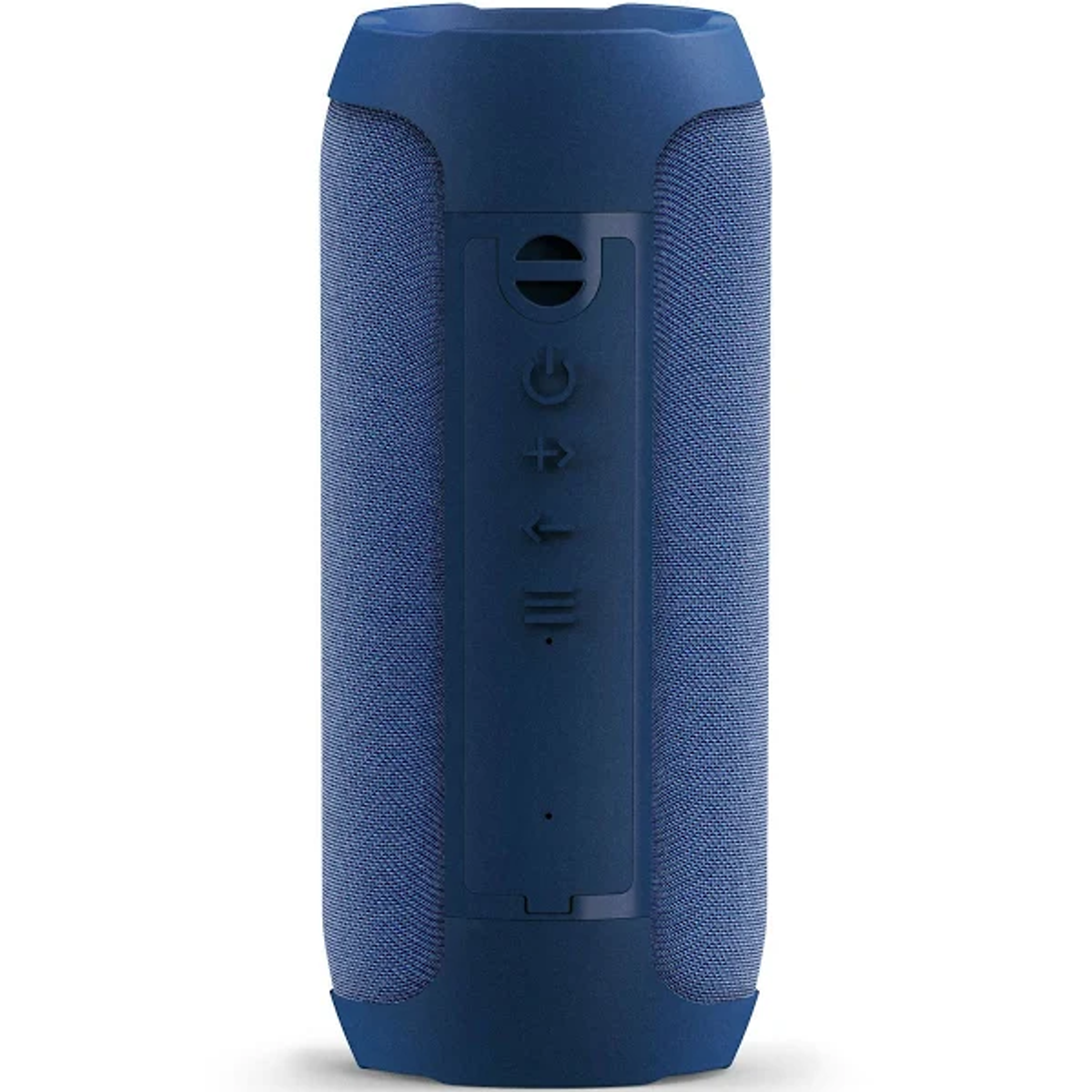 Niebieski głośnik przenośny. Głośnik ma materiałowy korpus i przyciski z boku.