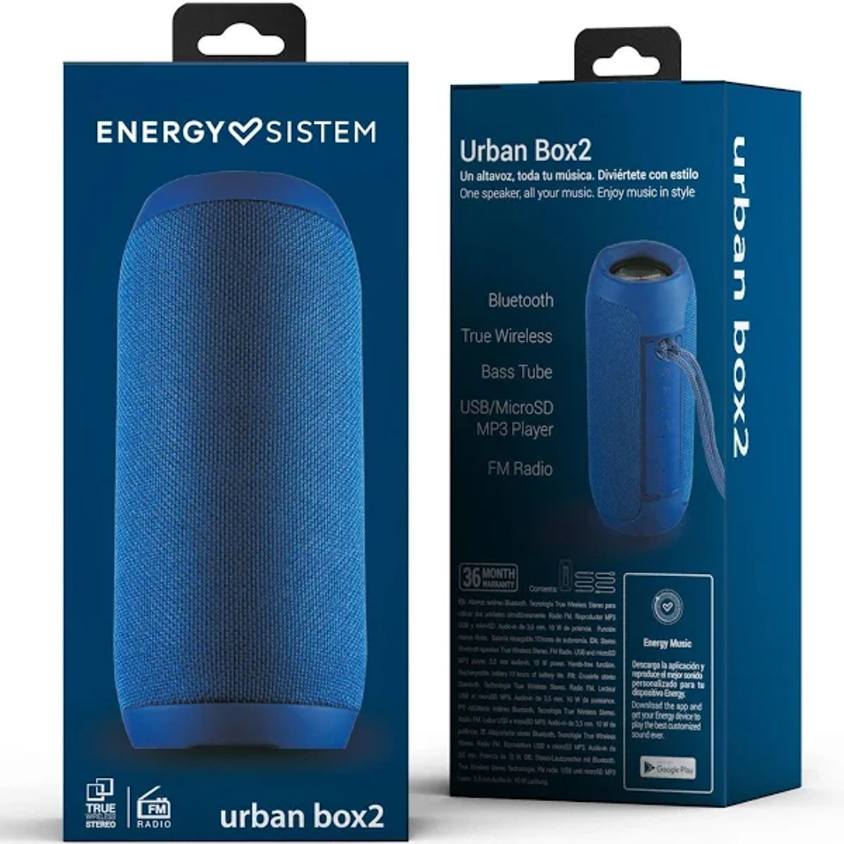 Niebieskie pudełko głośnika Energy Sistem Urban Box2. Niebieska ilustracja głośnika.