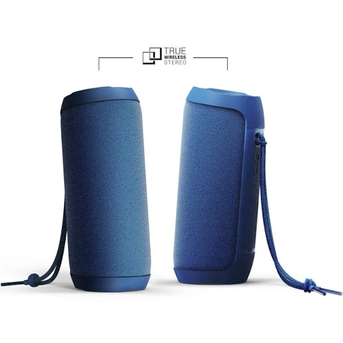 Dwa niebieskie głośniki cylindryczne na białym tle. Tekst "TRUE WIRELESS STEREO" znajduje się nad nimi.