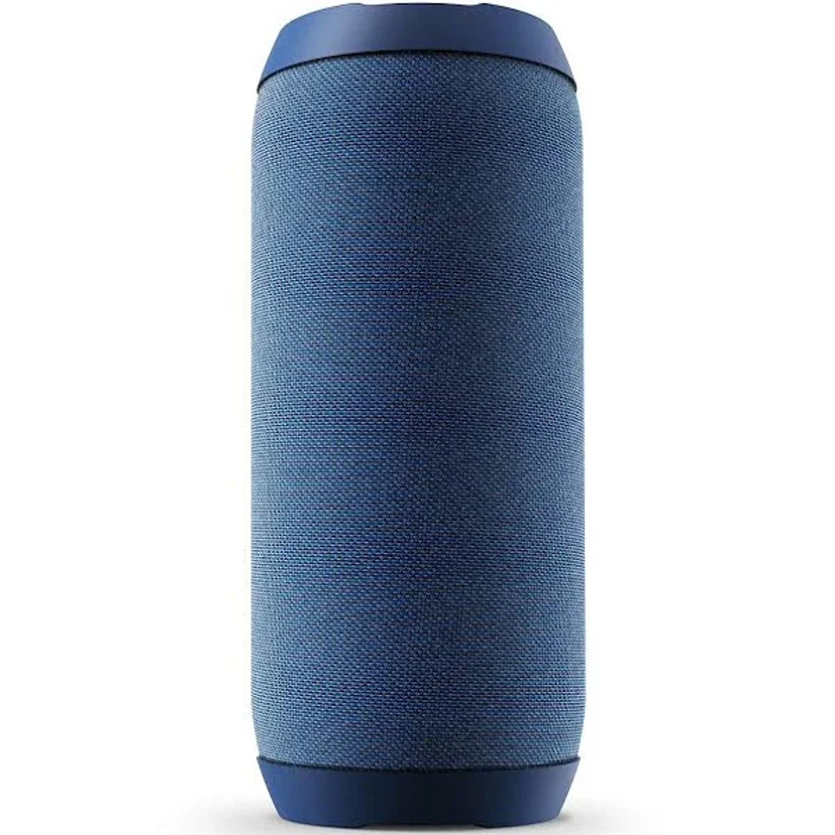 Głośnik pokryty niebieską tkaniną. Kształt cylindryczny.