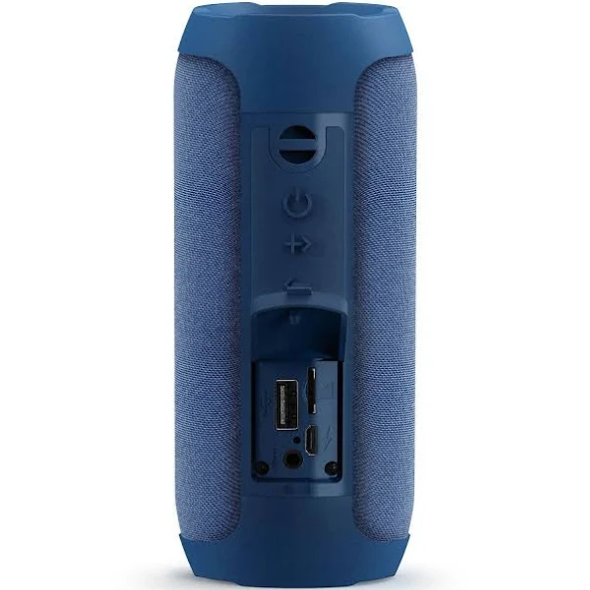 Niebieski głośnik przenośny z portami i przyciskami. Ma korpus pokryty tkaniną i uchwyt.