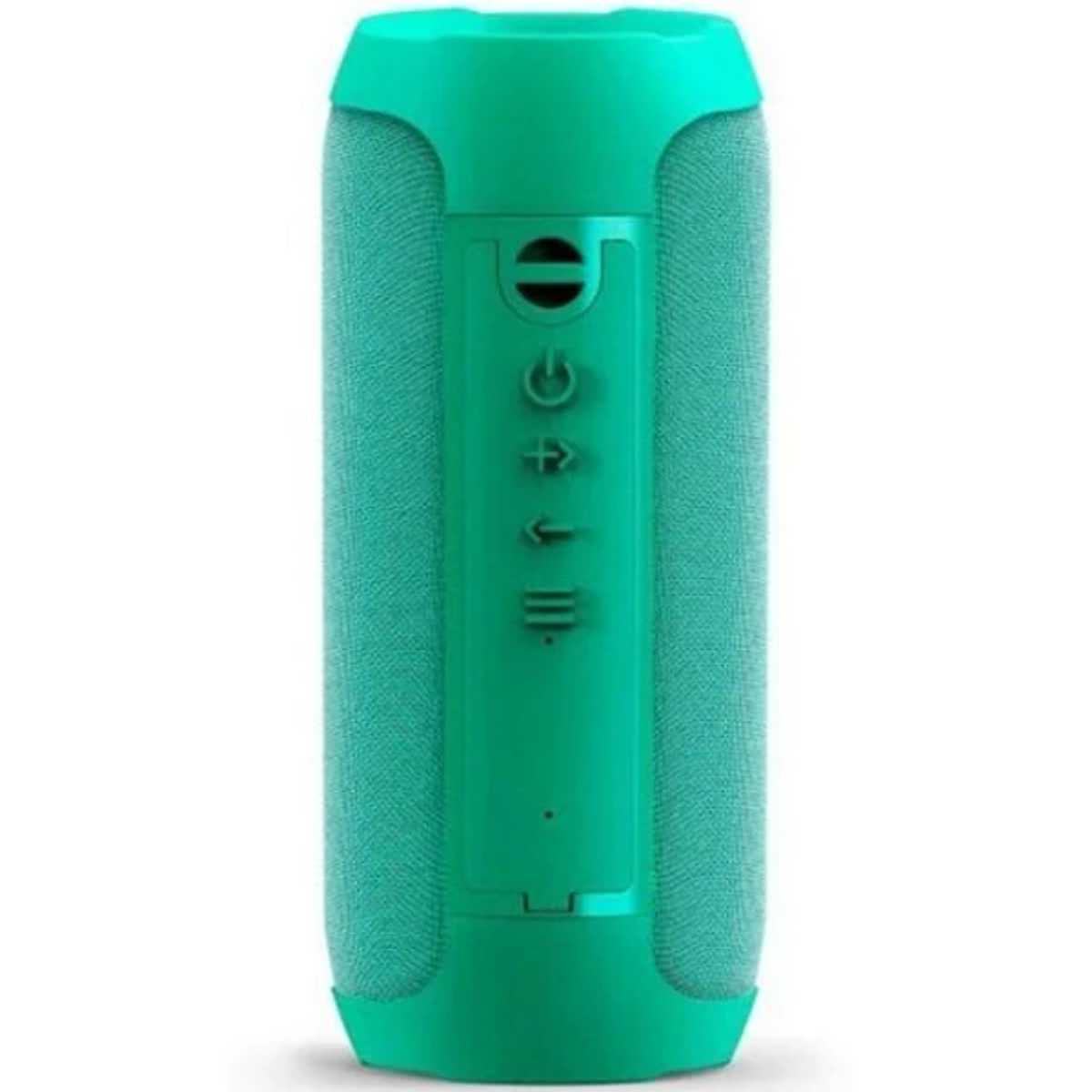 Turkusowy głośnik przenośny. Posiada przyciski zasilania i głośności. Tło jest białe.