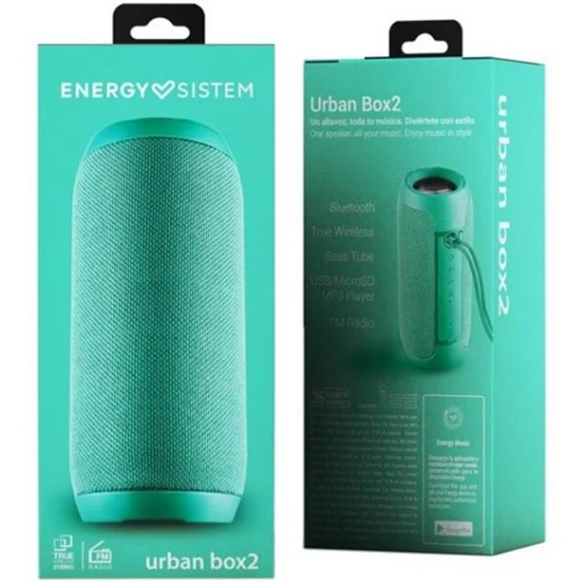 Turkusowy głośnik w pudełku. Tekst na pudełku to Urban Box 2.