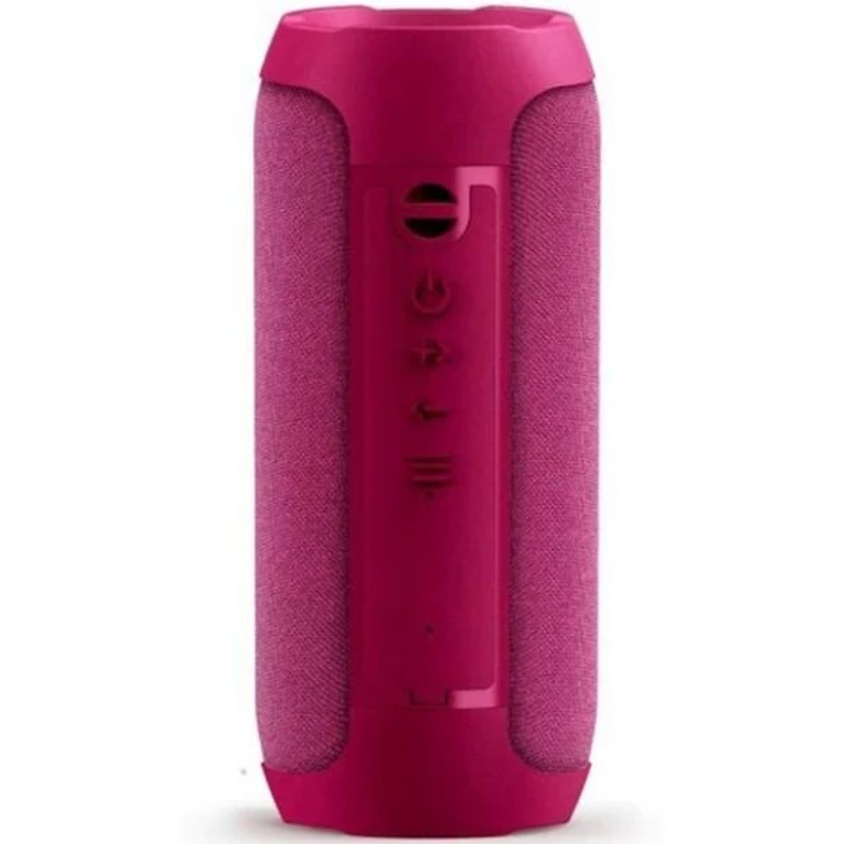 Różowy głośnik. Cylindryczny głośnik z elementami sterującymi z boku.