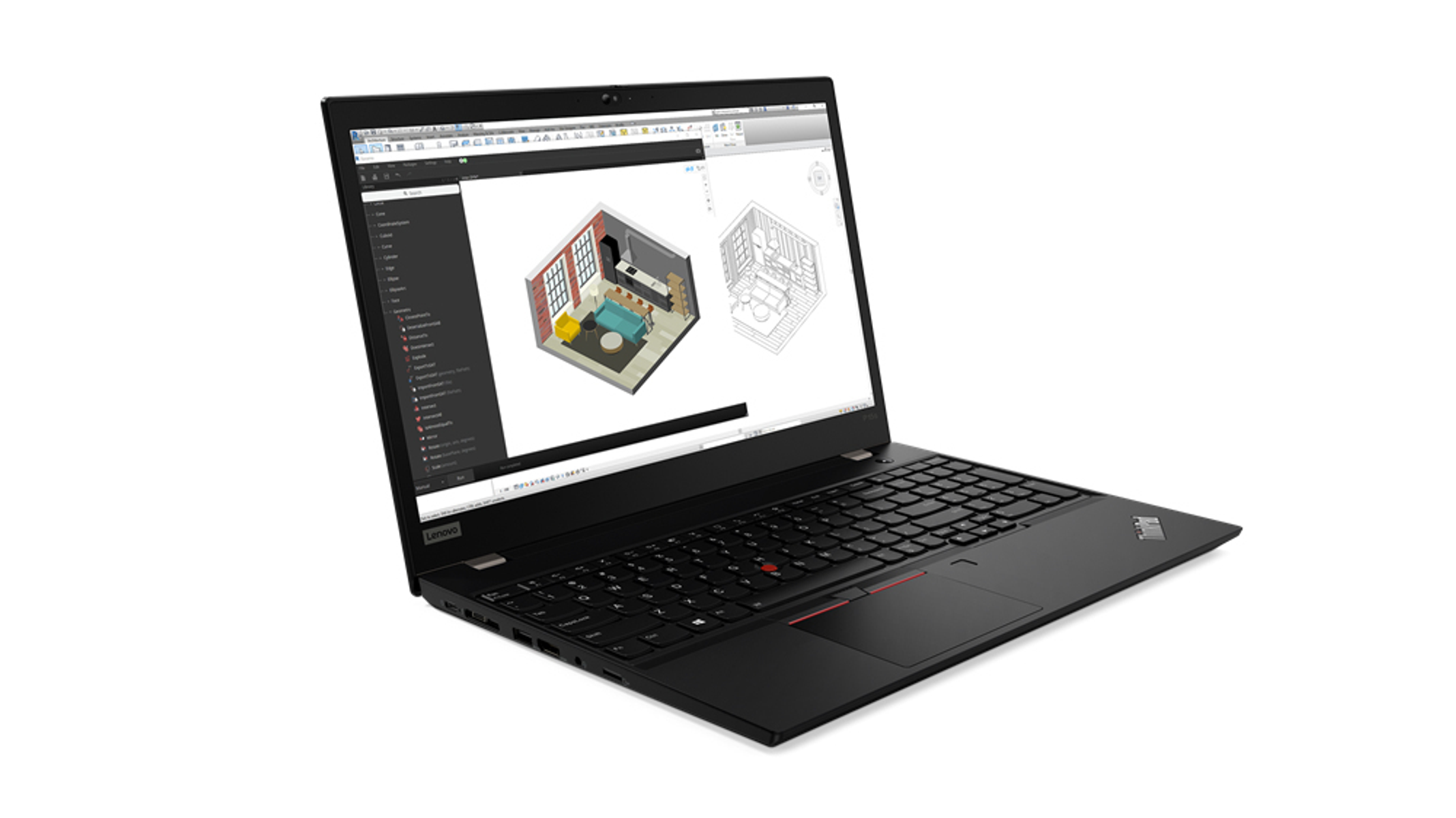 Schwarzer Laptop, der ein 3D-Raumdesign auf dem Bildschirm anzeigt. Weißer Hintergrund.