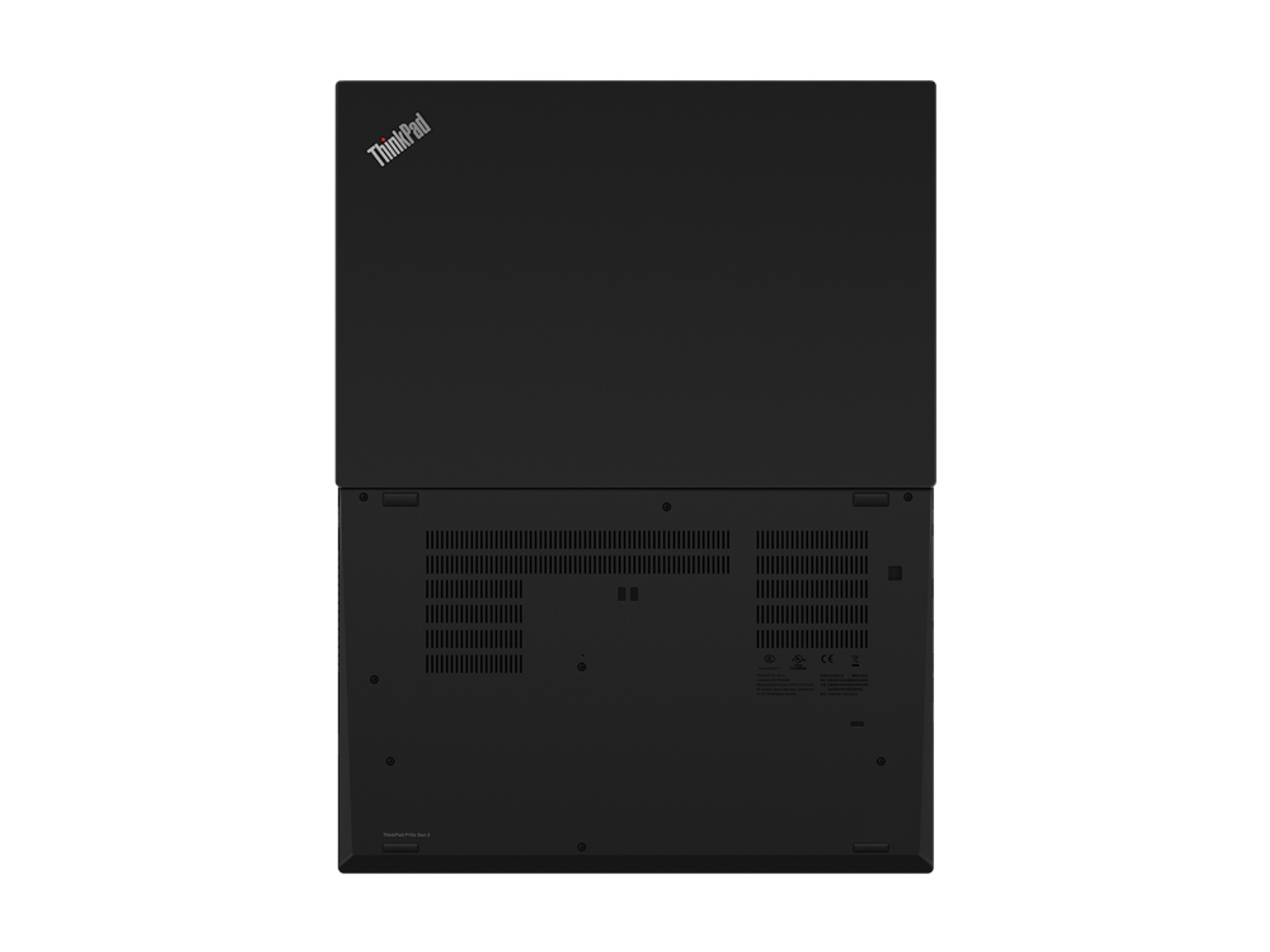 Die Unterseite eines schwarzen ThinkPad-Laptops mit dem ThinkPad-Logo.