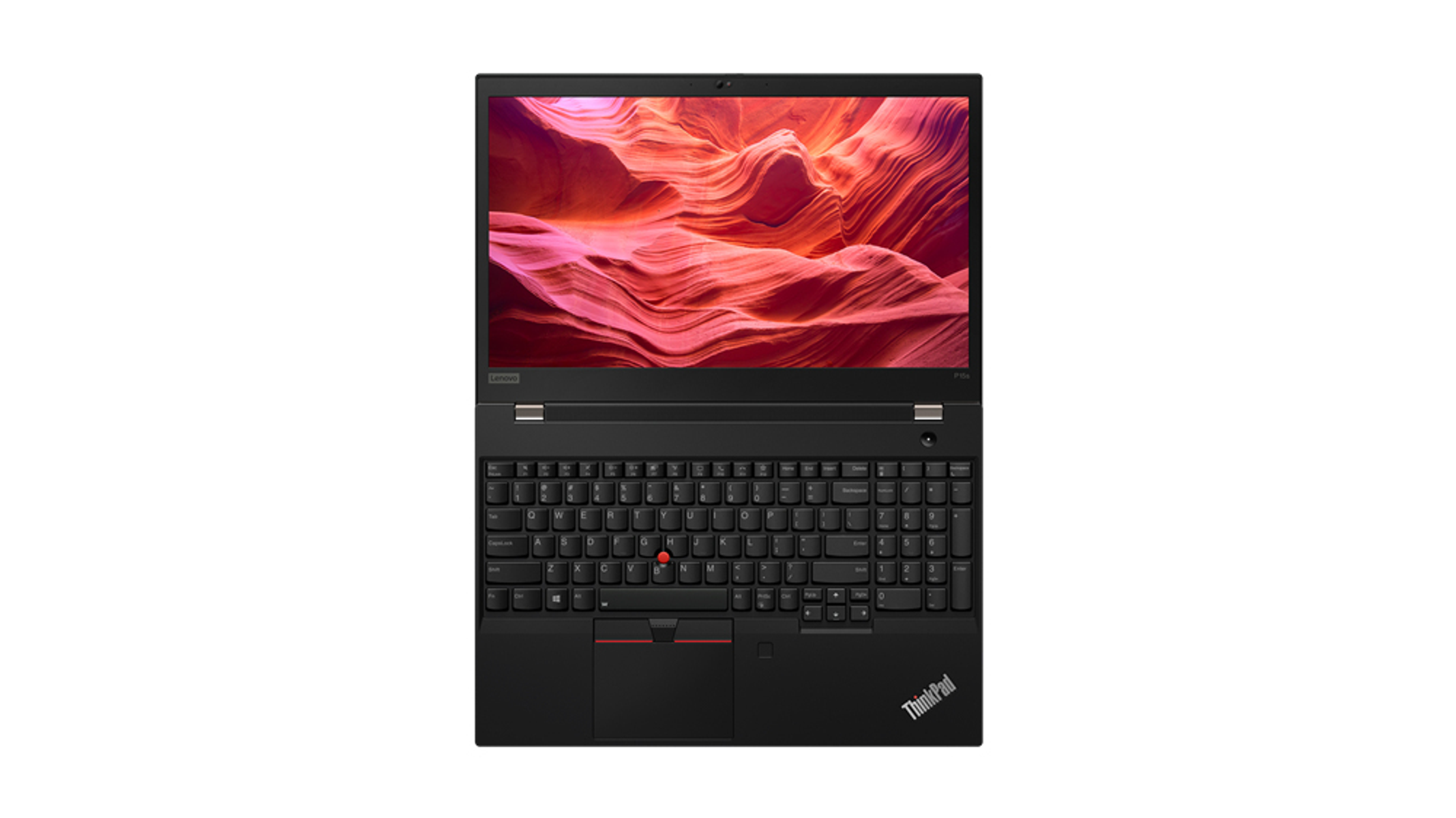 Schwarzer Laptop geöffnet, zeigt ein Landschaftsbild auf dem Bildschirm.