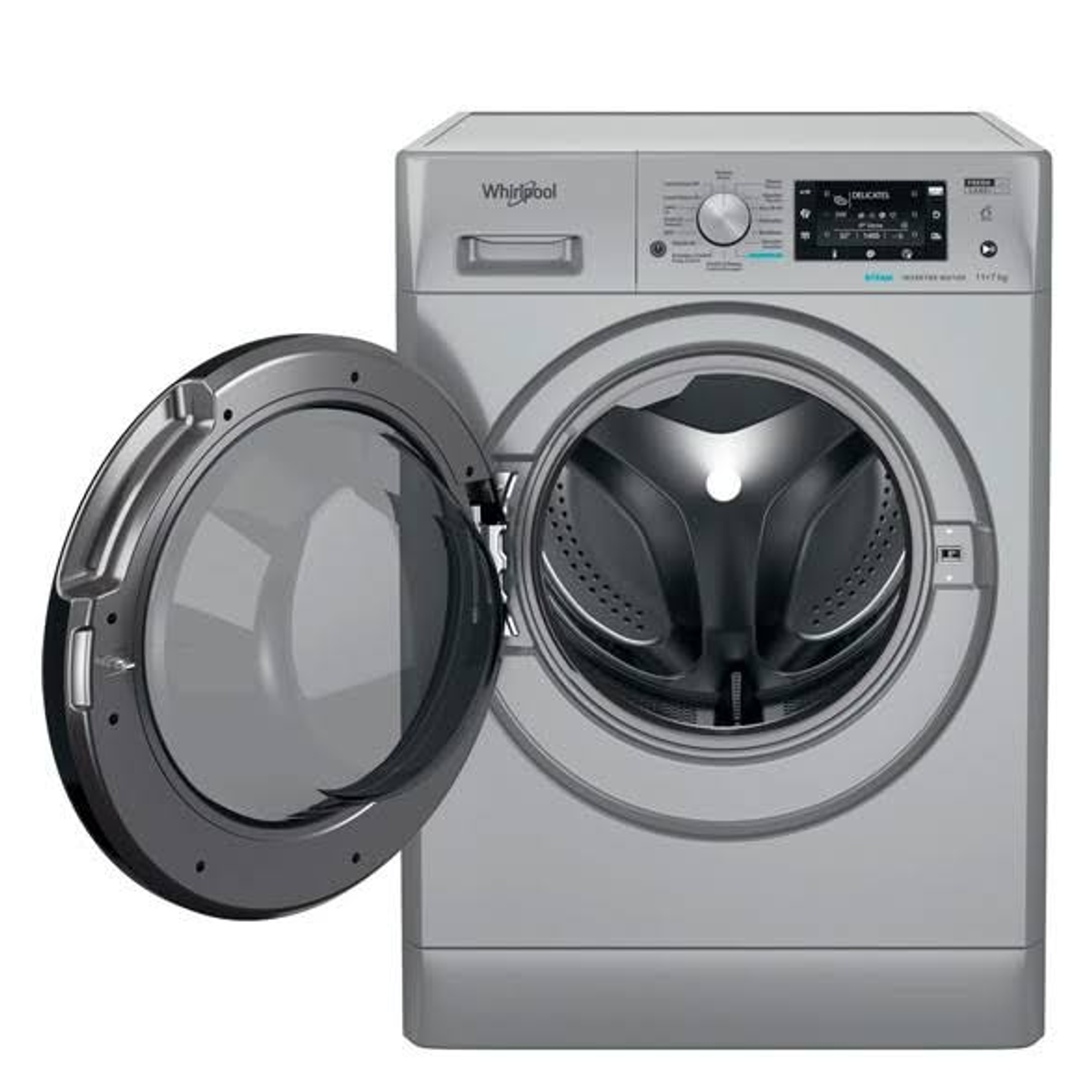 Una lavadora Whirlpool plateada con la puerta abierta, sobre un fondo blanco.