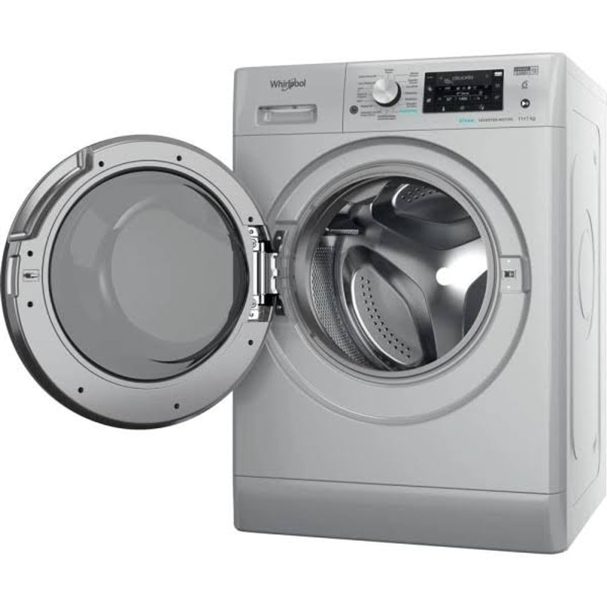 Lavadora Whirlpool plateada con puerta abierta. Se ve una ventana circular.