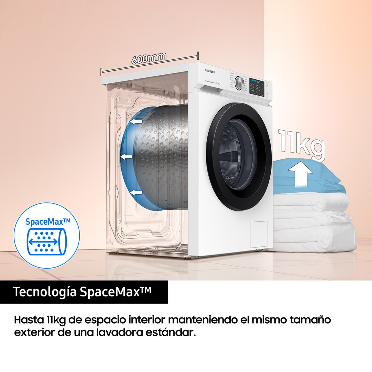 Lavadora con un diagrama que muestra la tecnología SpaceMax.