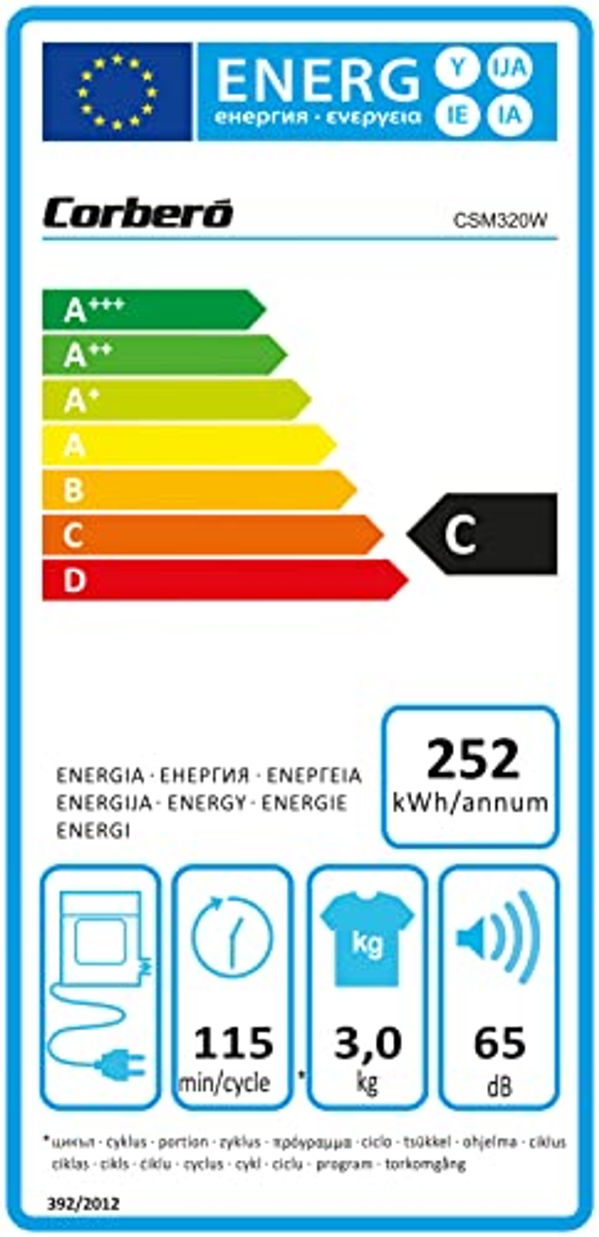 Etiqueta energética para lavadora Corberó, mostrando eficiencia y otros datos.