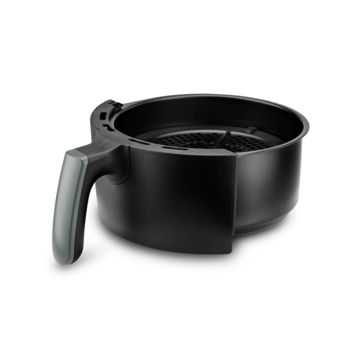 Un cestello per friggitrice ad aria nero con manico grigio. È vuoto e pronto per l'uso.