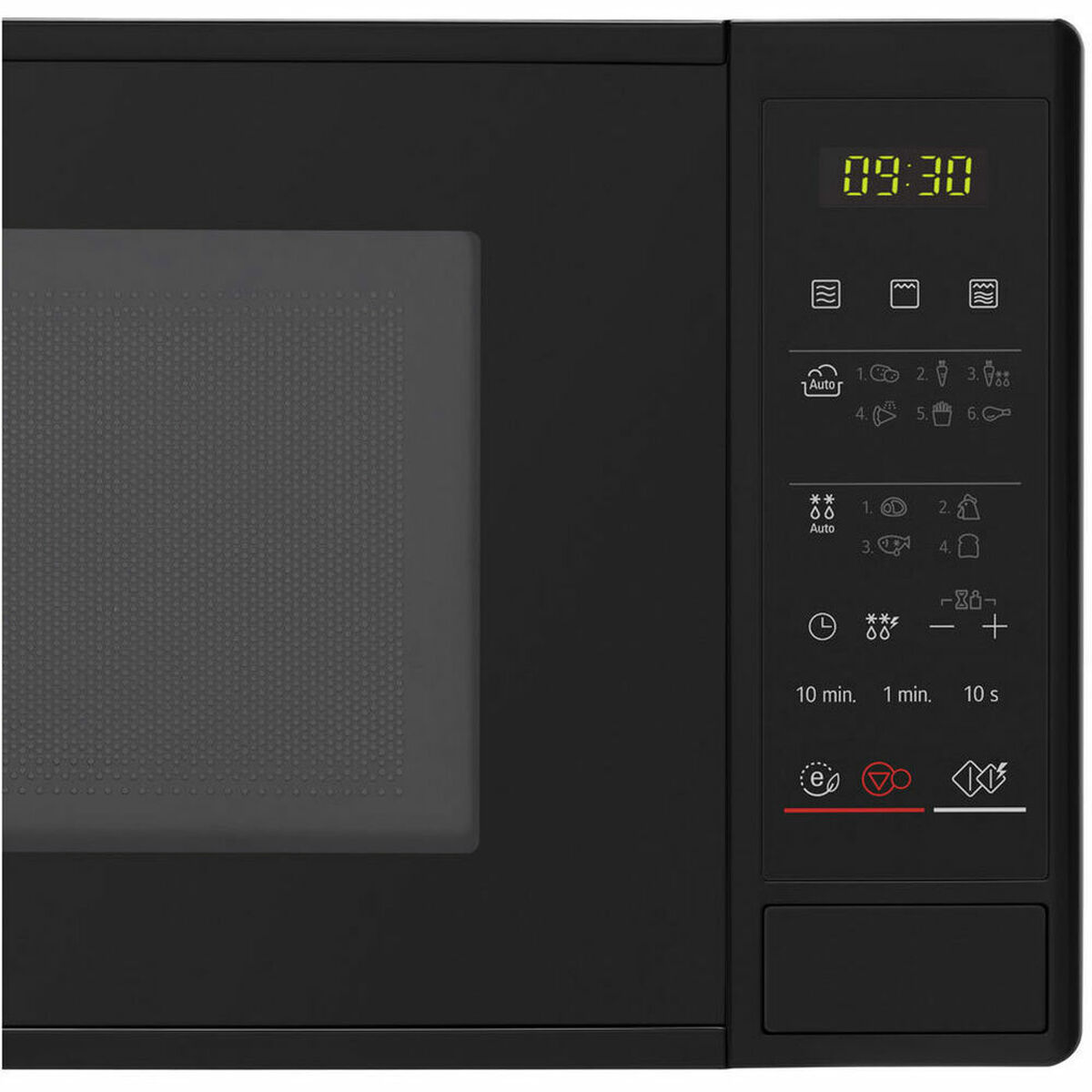 Horno microondas negro con pantalla digital y panel de control, mostrando la hora y ajustes.