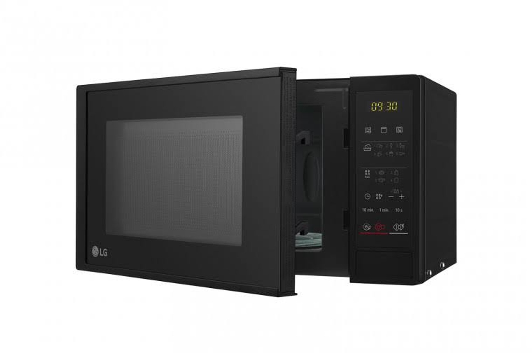 Horno microondas negro con la puerta parcialmente abierta. El panel de control está en el lado derecho del horno.