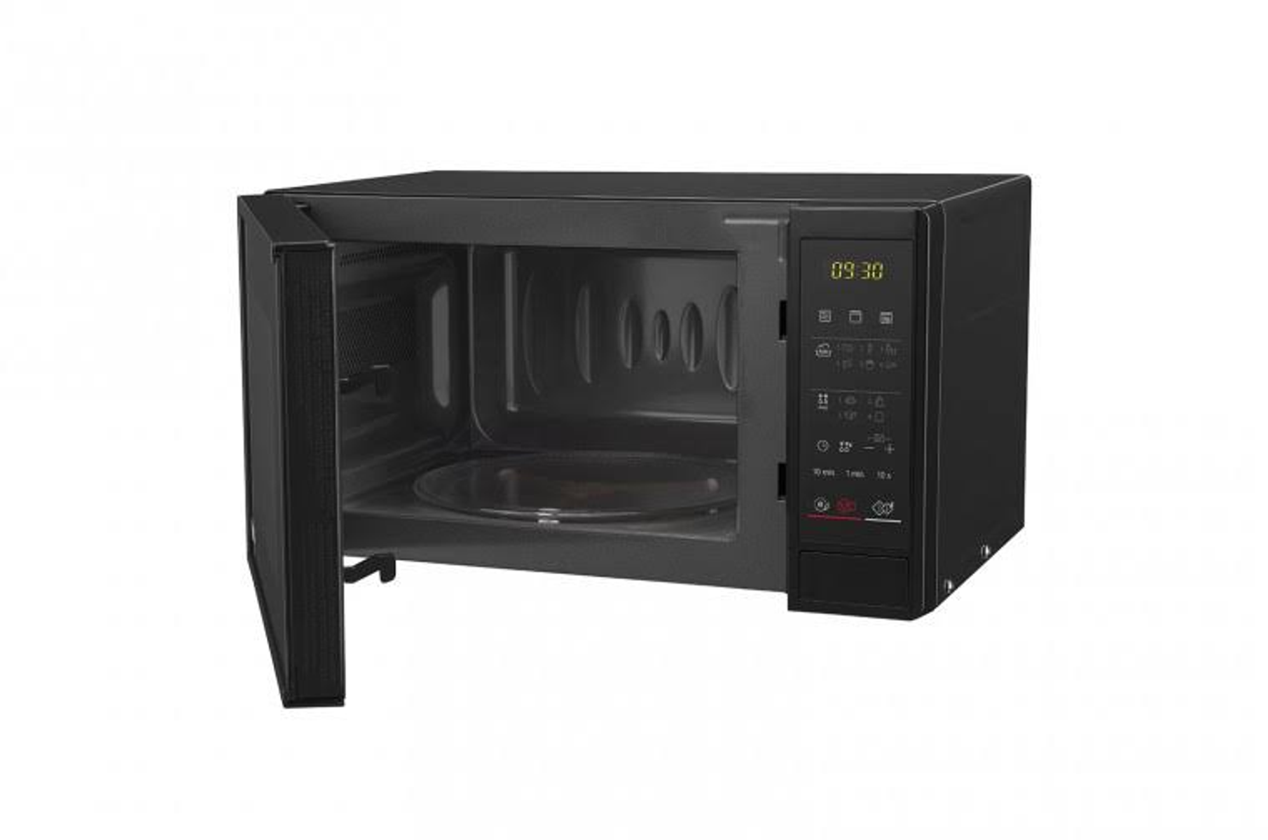 Microondas negro con puerta abierta. Interior con plato de vidrio y panel.