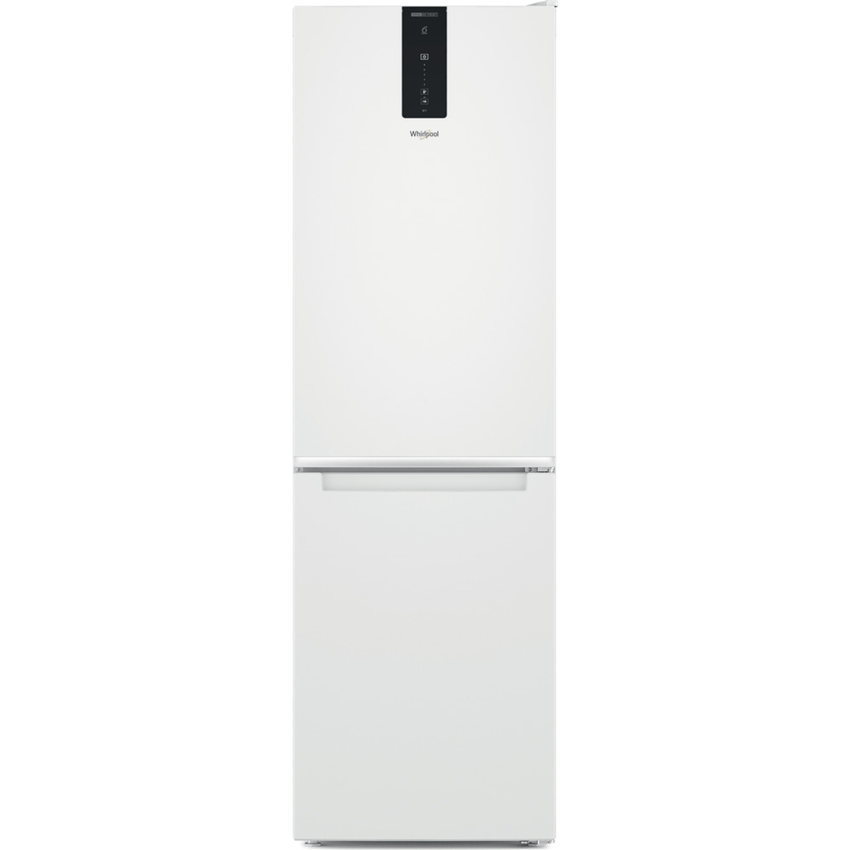Refrigerador Whirlpool blanco. Sección superior para la nevera, inferior para el congelador.