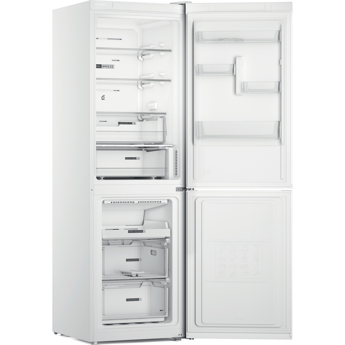 Frigorífico Whirlpool blanco, abierto. Interior muestra estantes, cajones y compartimentos.