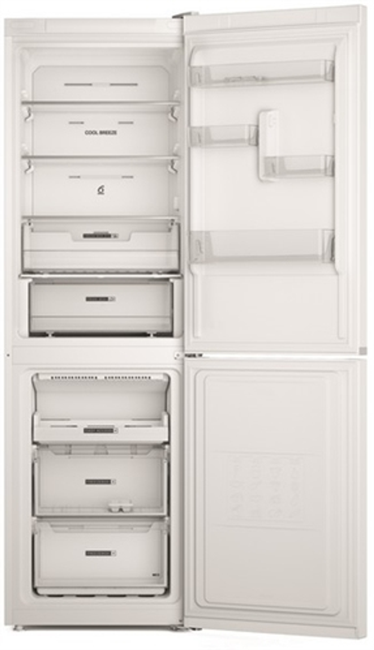 Refrigerador blanco, abierto. Secciones superior e inferior. Estantes y cajones visibles. Fondo blanco.