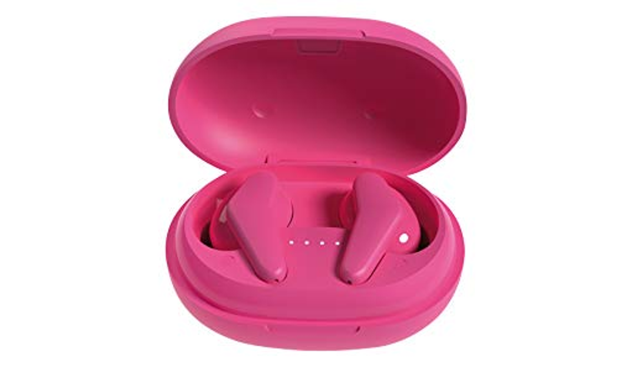 Auriculares rosas en un estuche de carga rosa abierto.
