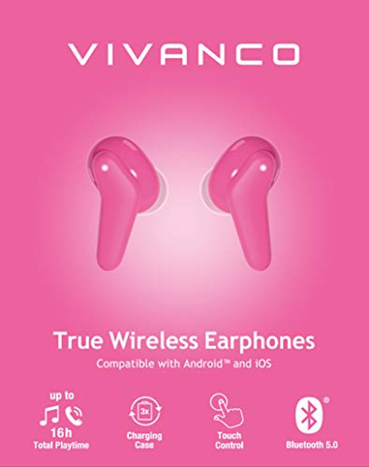 Auriculares inalámbricos rosas con un estuche de carga. El embalaje es rosa.