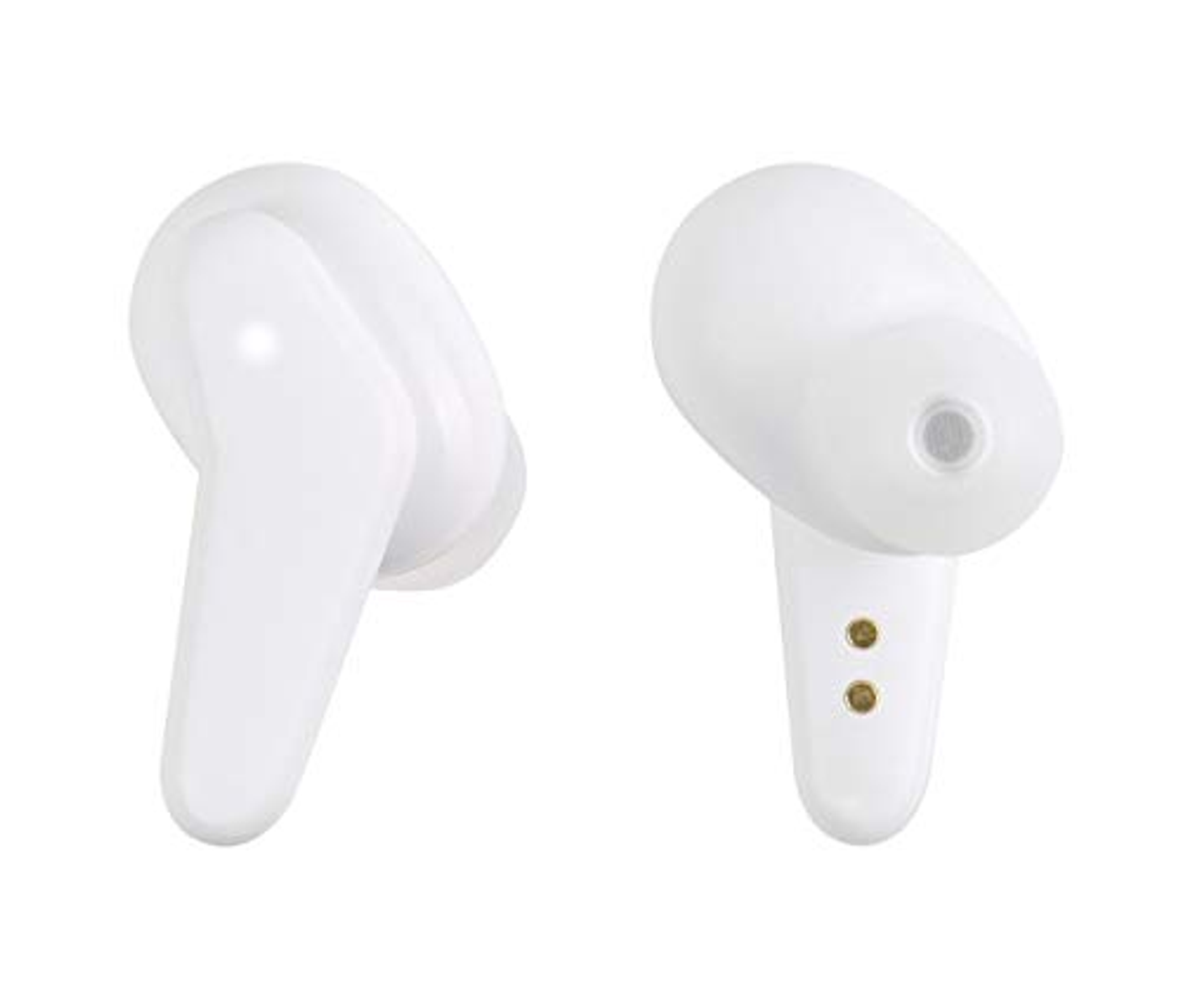 Dos auriculares inalámbricos blancos, cada uno con forma redondeada y un pequeño tallo.