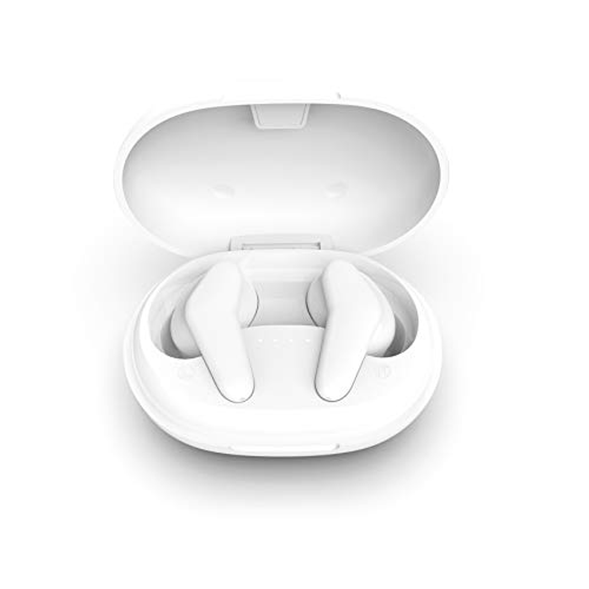 Auriculares inalámbricos blancos en un estuche blanco abierto. Los auriculares son visibles.