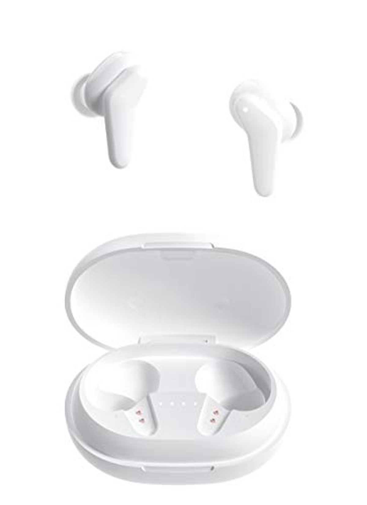 Auriculares inalámbricos blancos y su estuche de carga, sobre un fondo blanco.