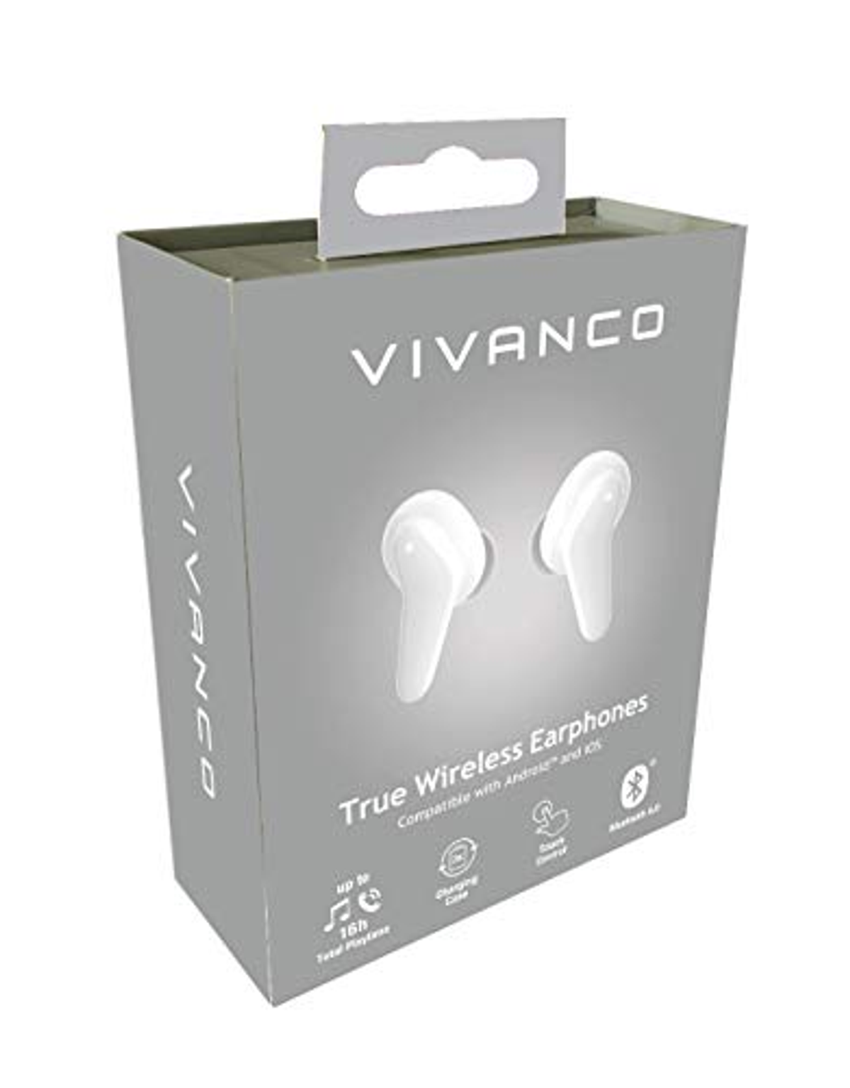 Caja de auriculares. Colores blanco, gris y negro. Fondo blanco. Auriculares inalámbricos reales.